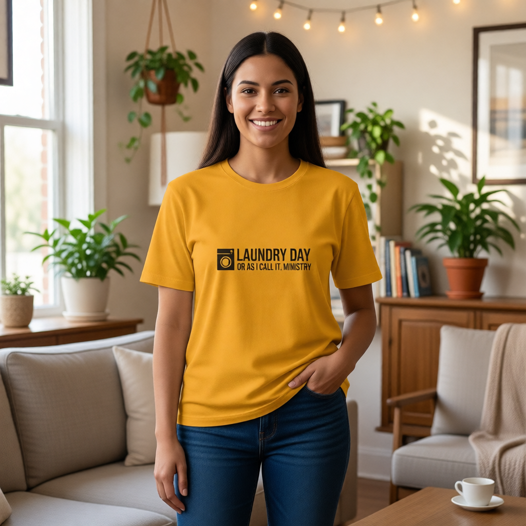 Woman wearing a yellow t-shirt with LAUNDRY DAY in a living room