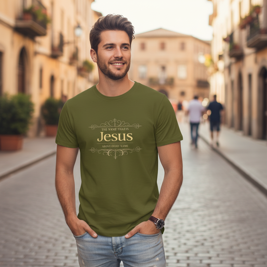 Man wearing a green t-shirt with 'Jesus' printed on it, standing on a street.