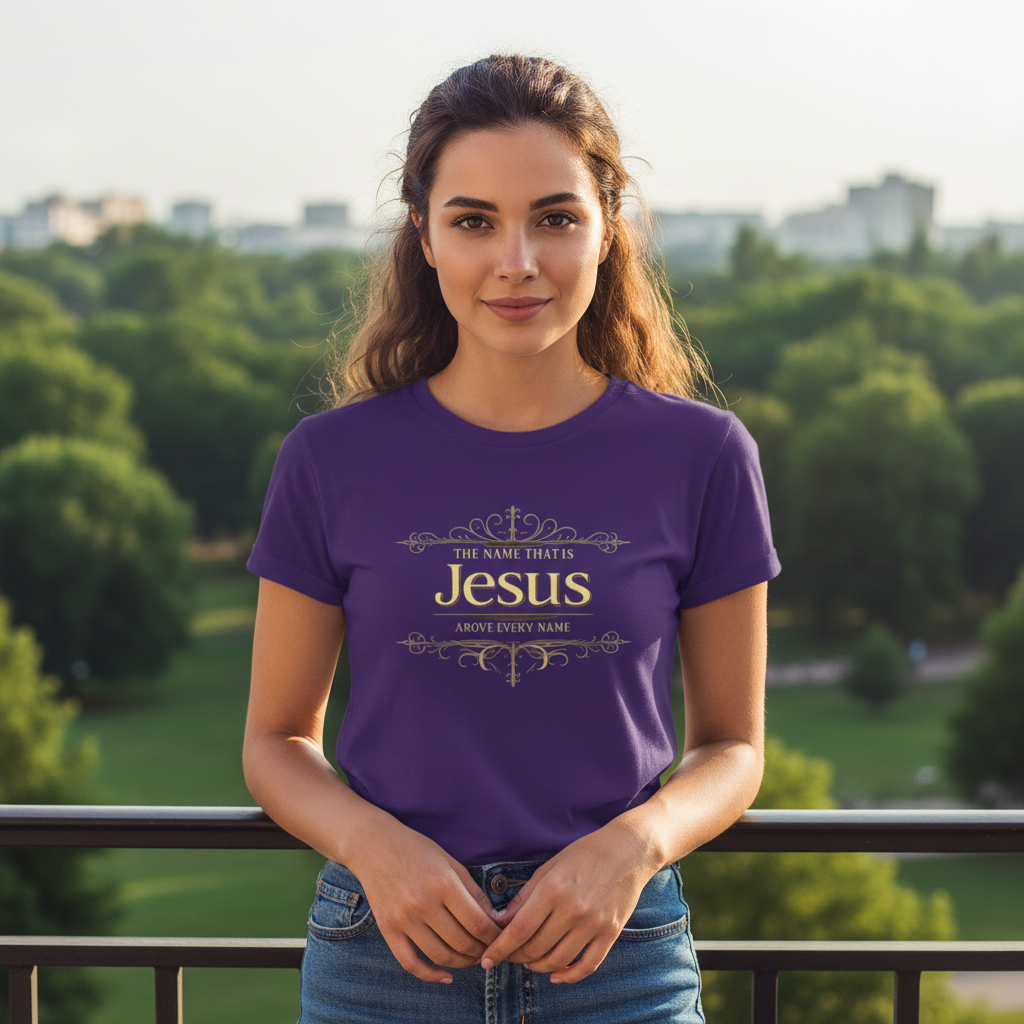 Woman wearing a purple t-shirt with 'The Name That is Jesus Above Every Name' text, standing outdoors.