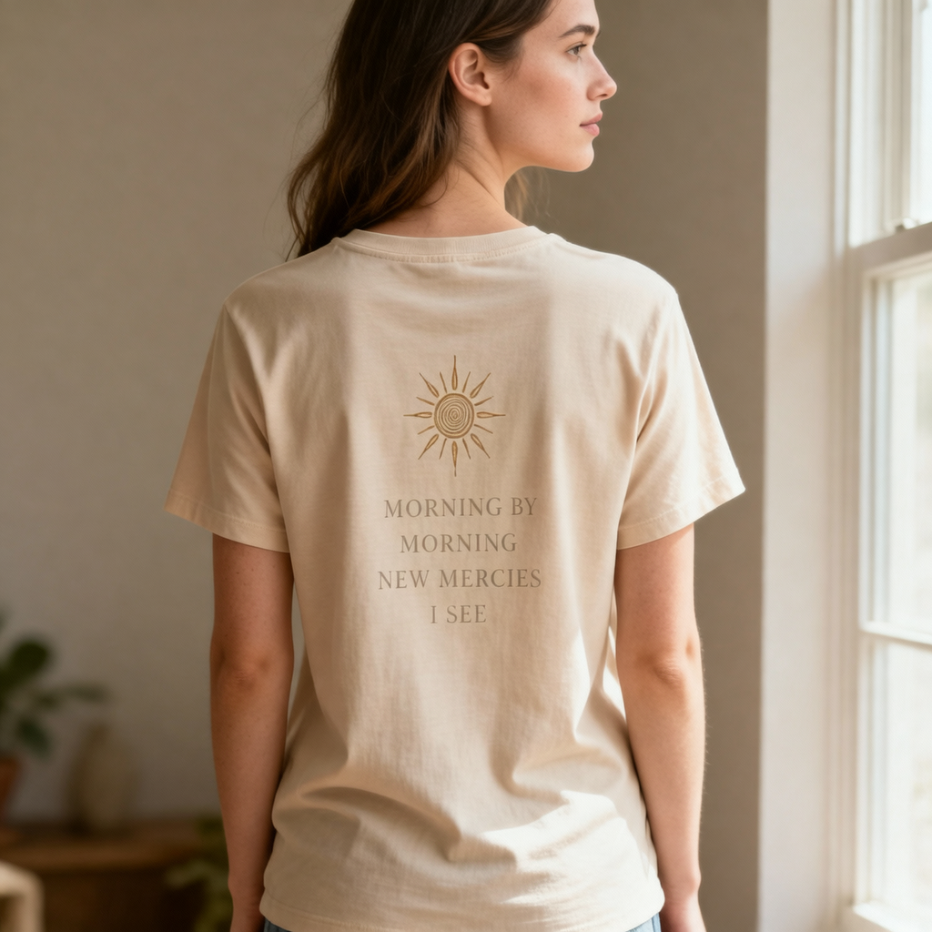 Woman wearing a beige t-shirt with a sun design and text in a room with natural light.