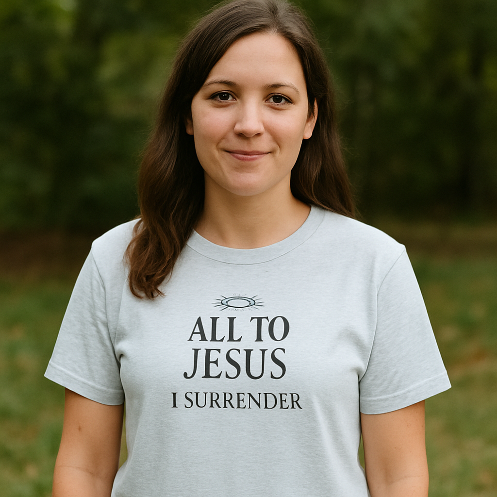 Woman wearing a t-shirt with 'All to Jesus I Surrender' text in an outdoor setting
