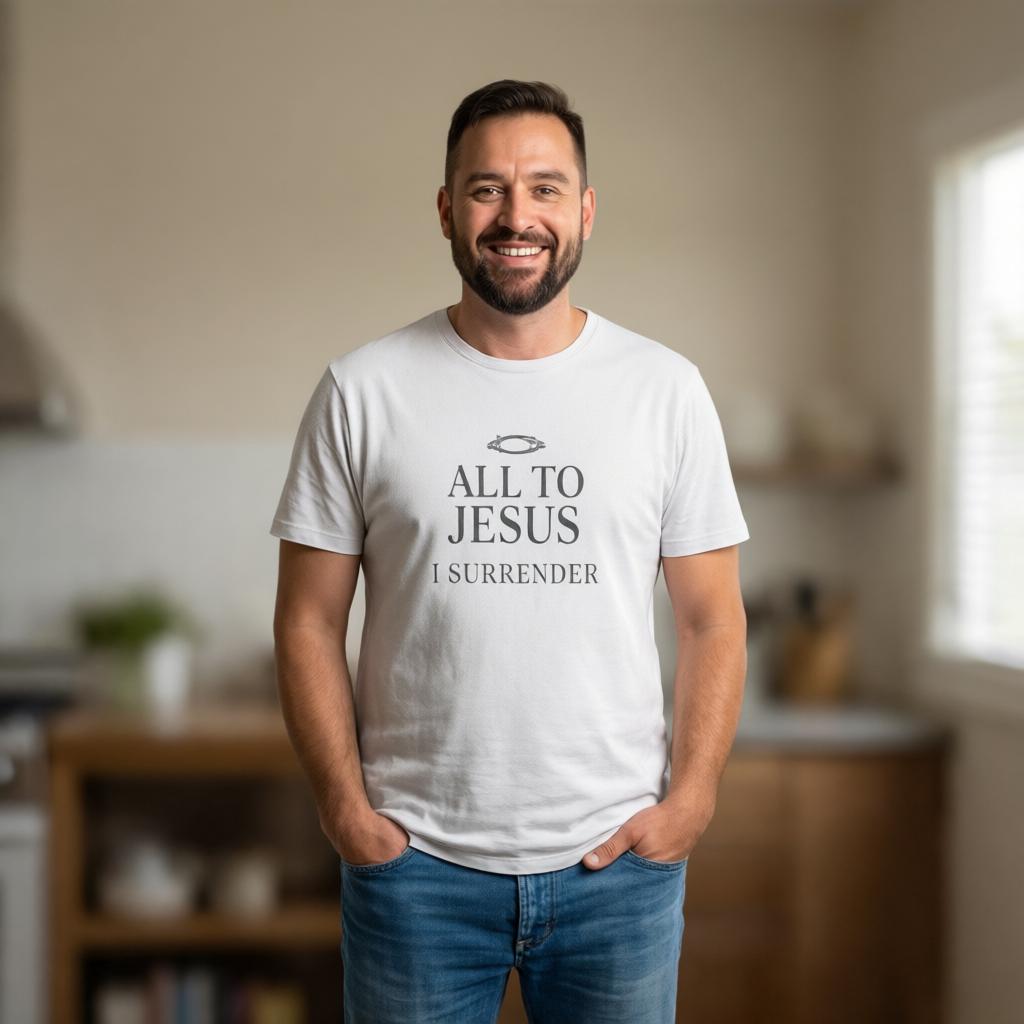 Man wearing a white t-shirt with text standing in a kitchen.