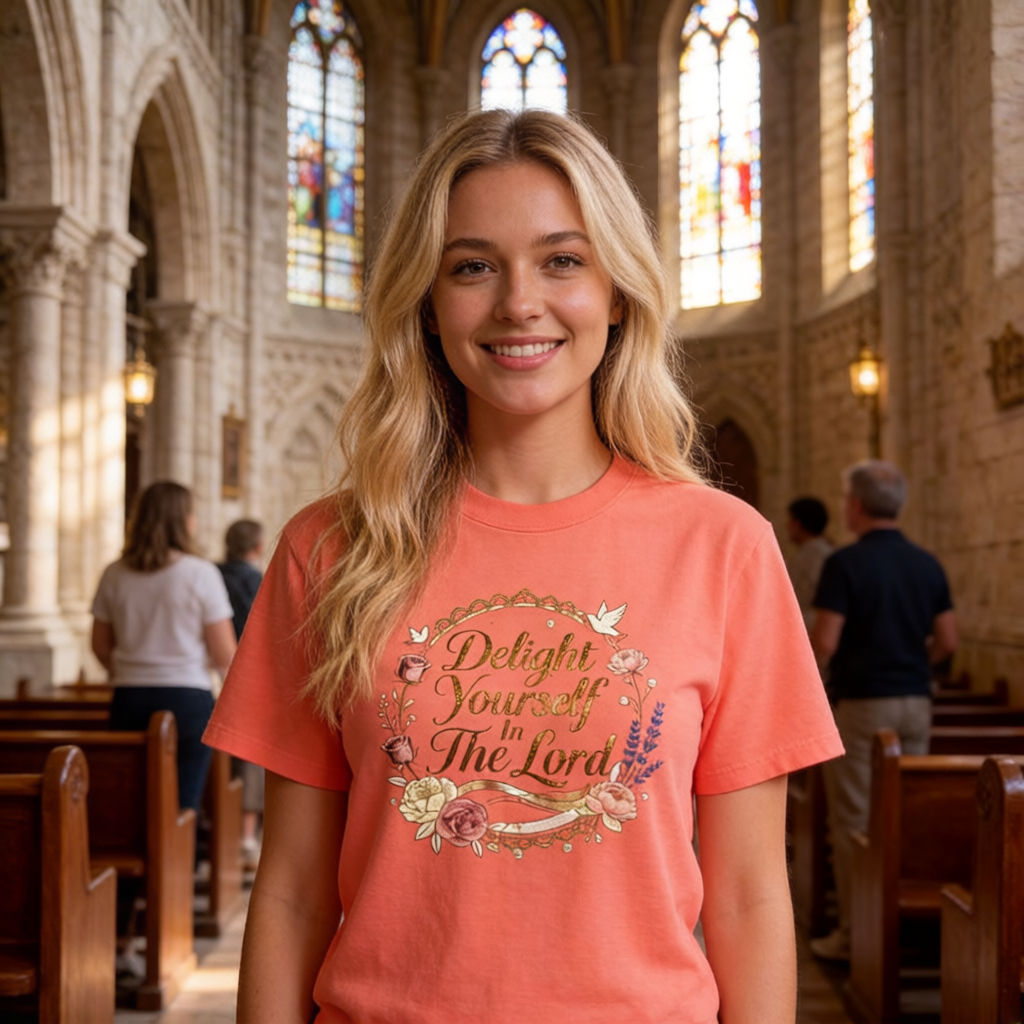 Woman wearing a coral t-shirt with DELIGHT YOURSELF IN THE LORD  in a church setting