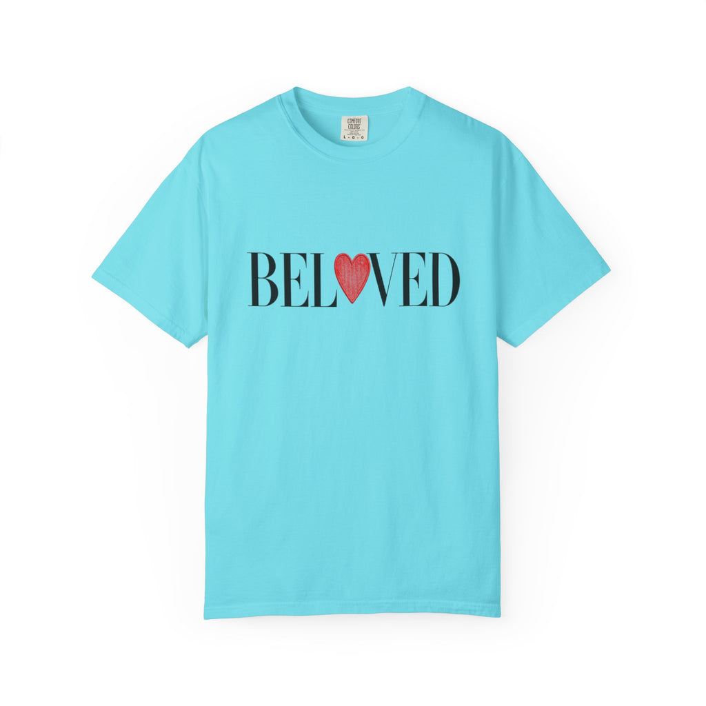 Light blue t-shirt with 'BELoved' text and red heart on a white background