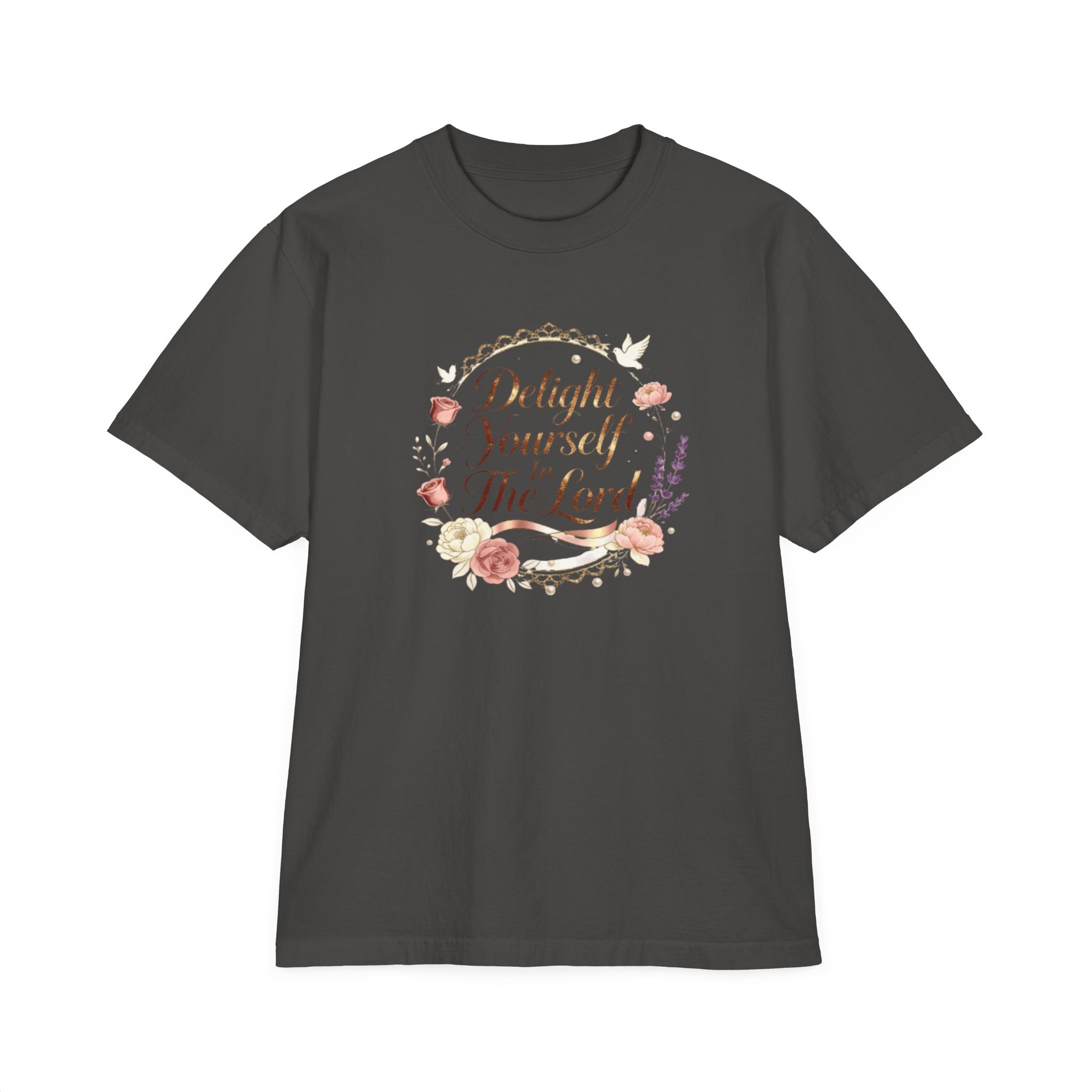 Dark gray t-shirt with floral design and DELIGHT YOURSELF IN THE LORD on a white background