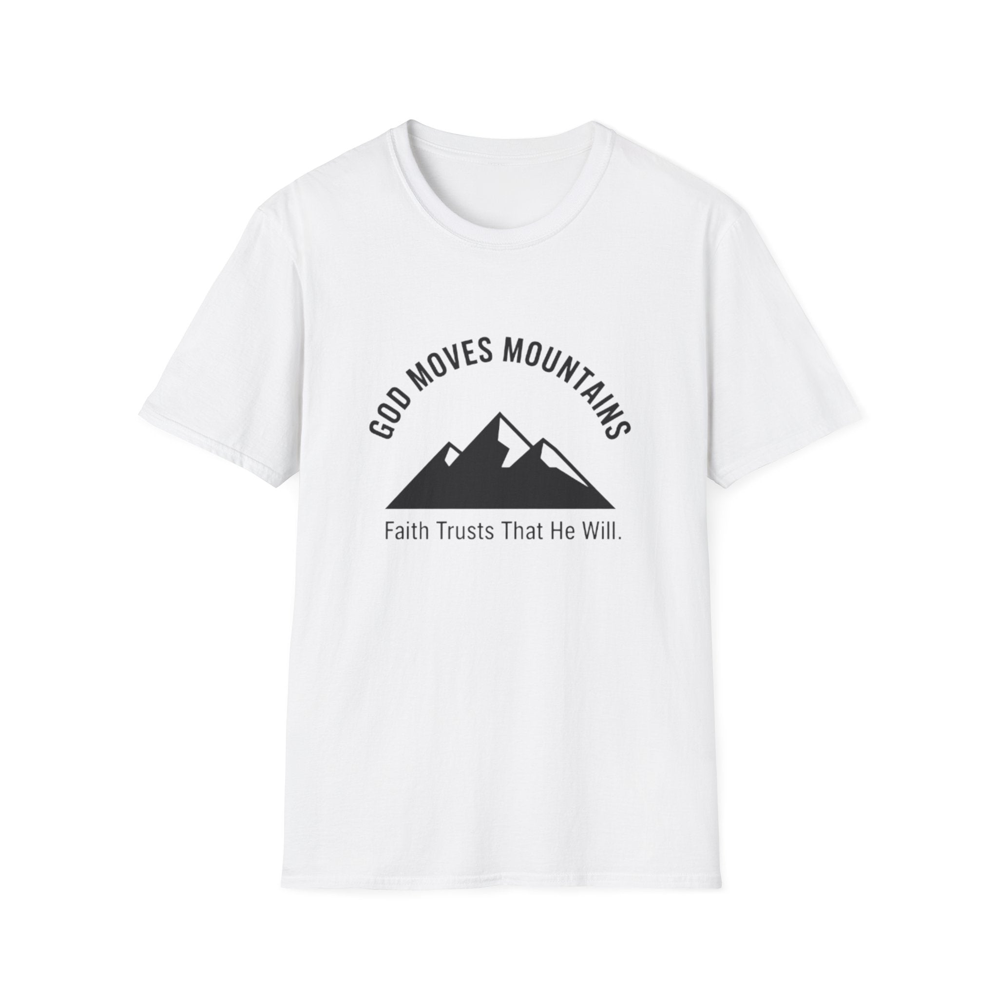 White t-shirt with black mountain graphic and text on a white background