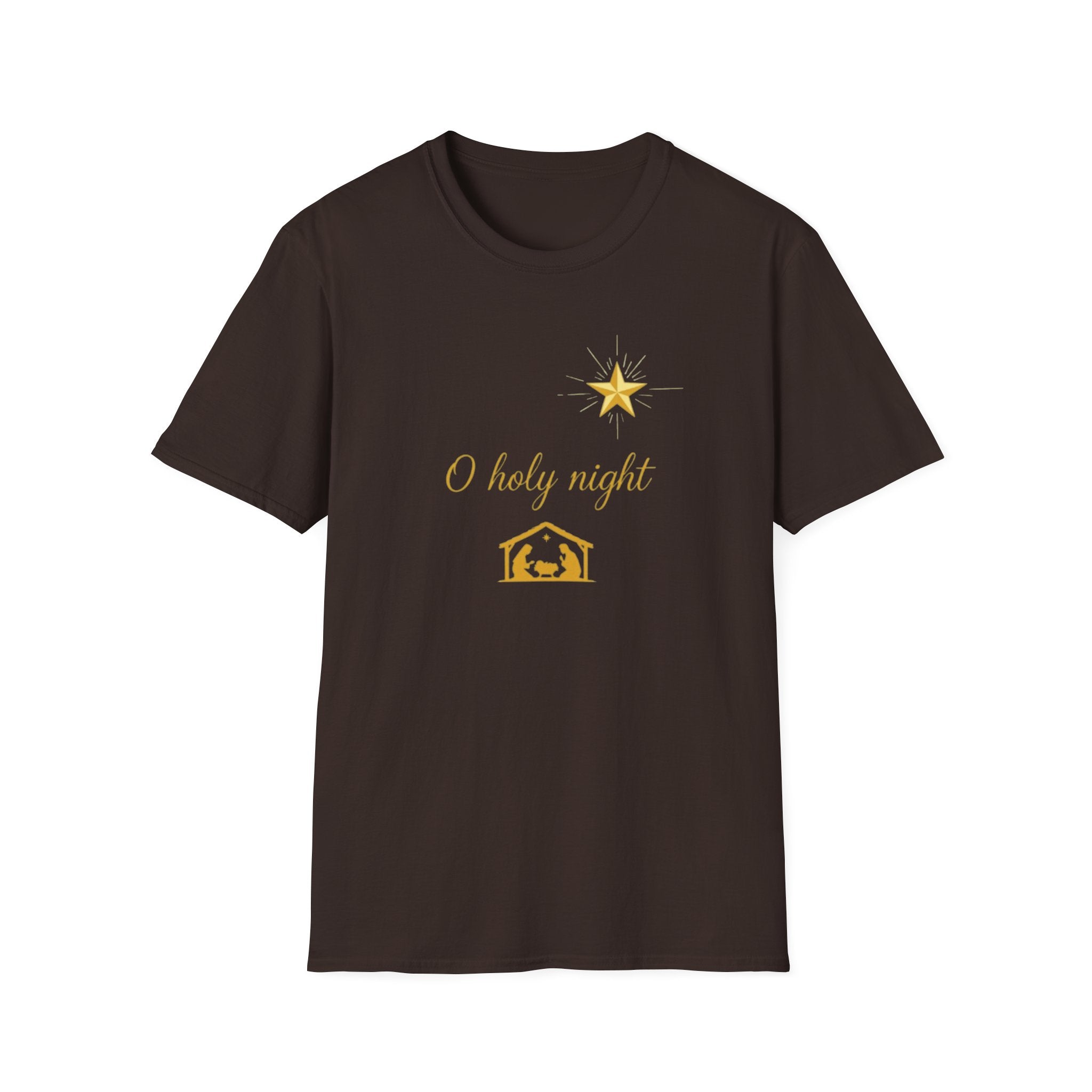 Brown t-shirt with 'O holy night' and nativity scene design on a white background