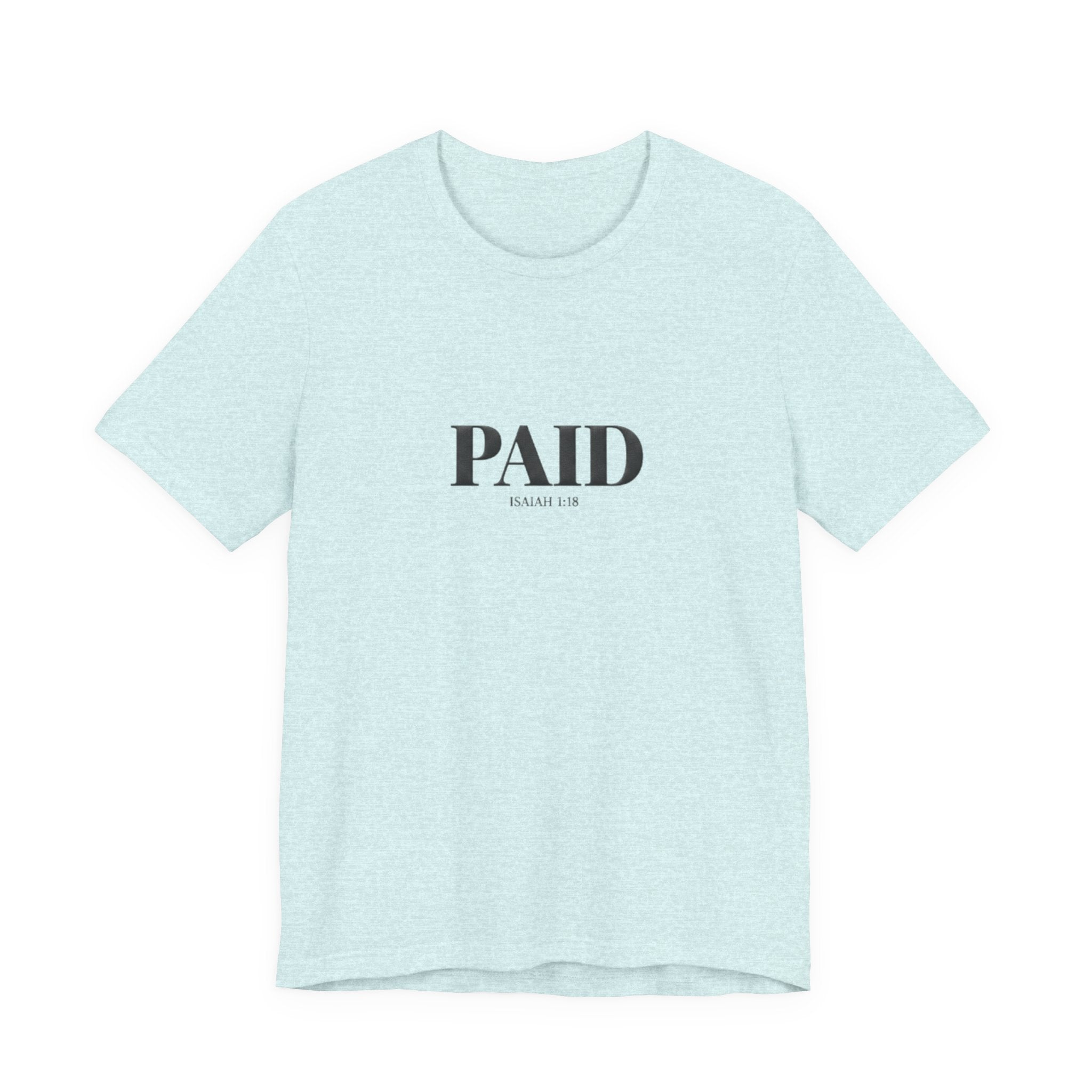 Light blue t-shirt with 'PAID' text on a white background