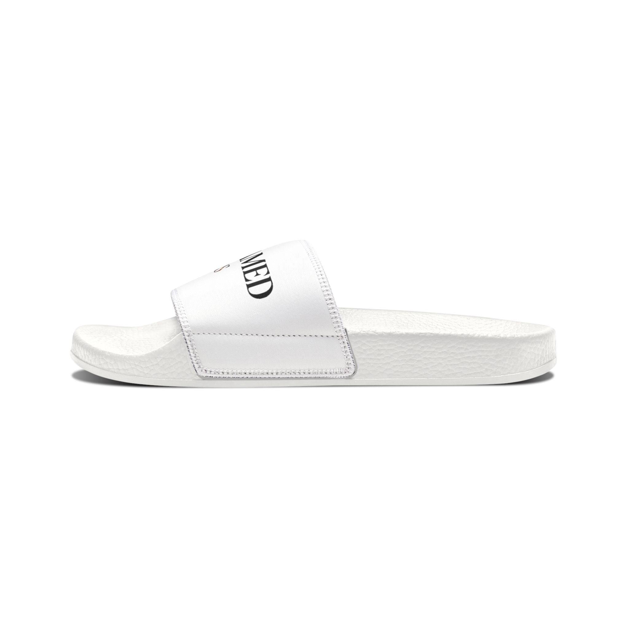 White slide sandal with 'MED' branding on a white background