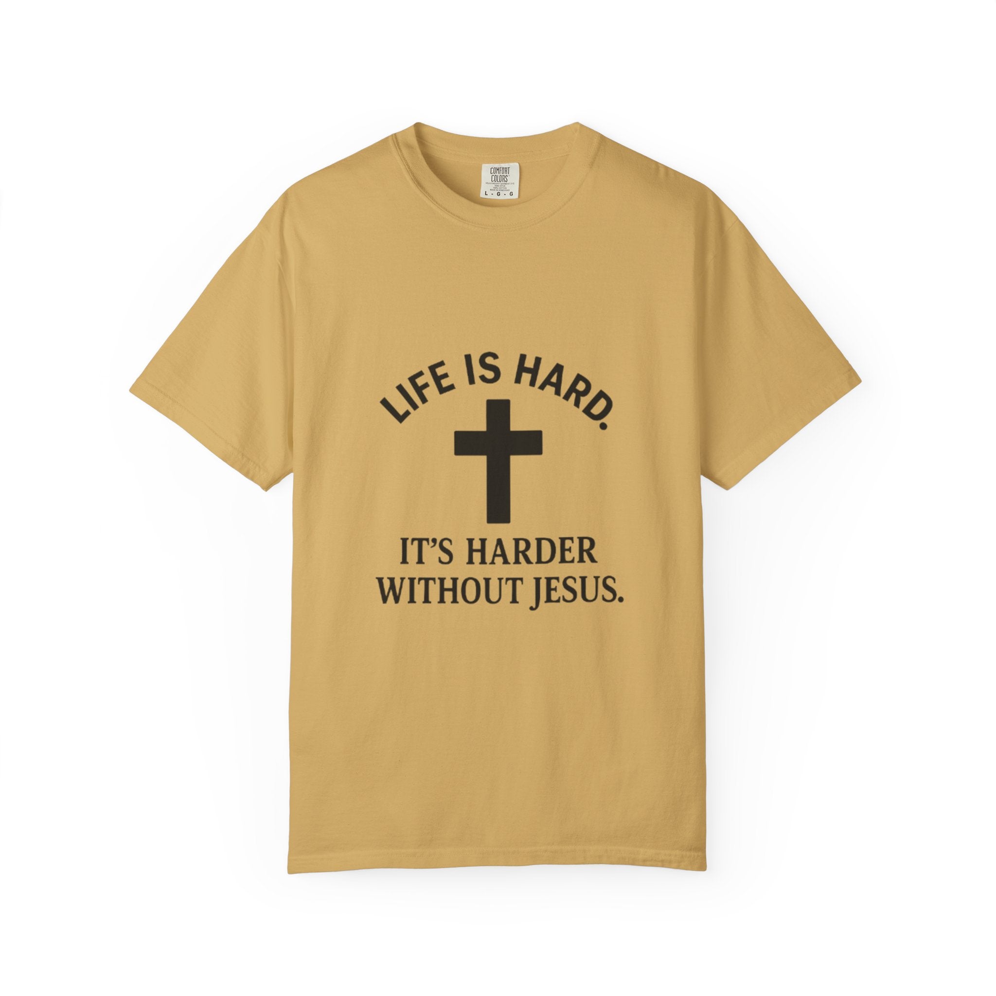 Beige t-shirt with black text and cross on a white background