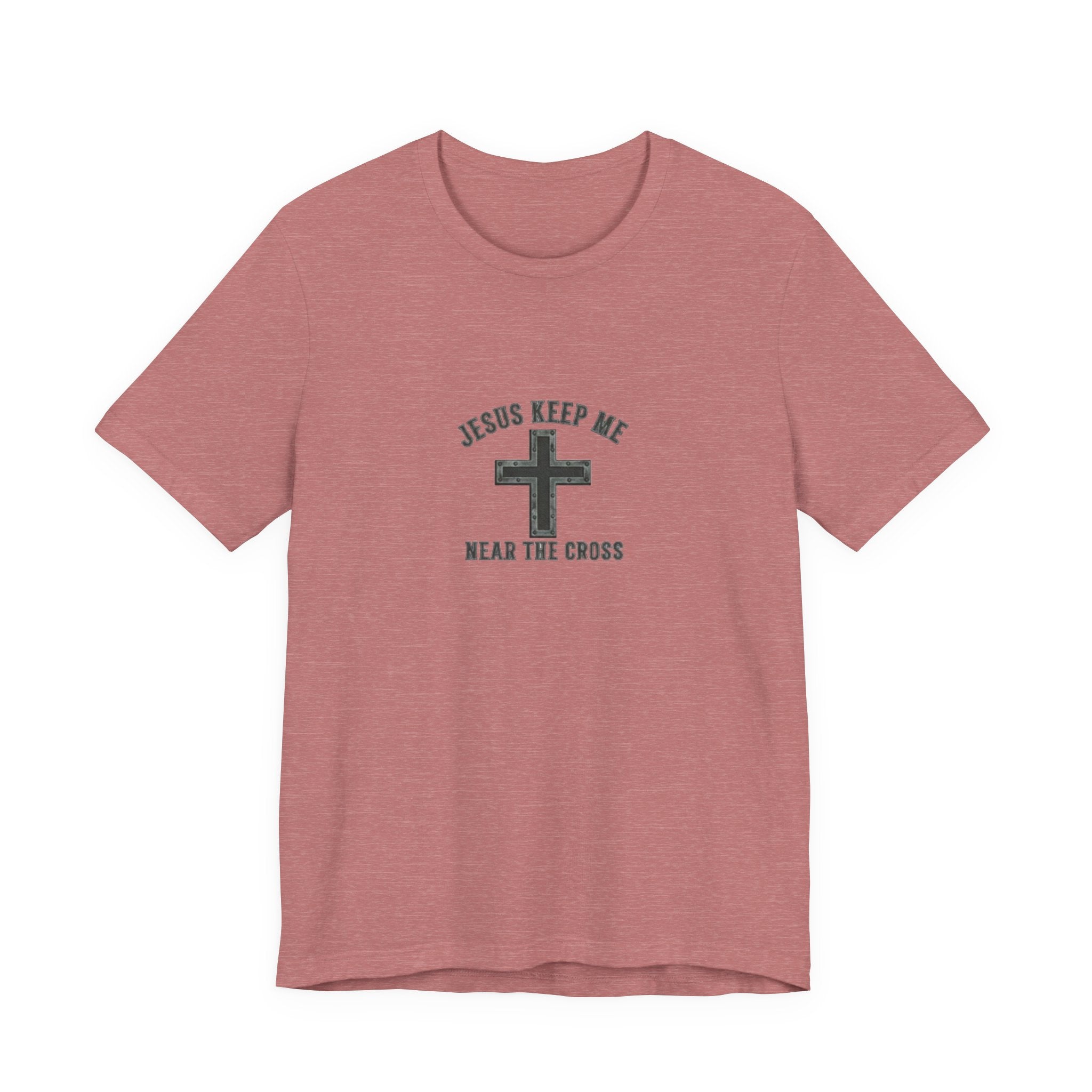 Red t-shirt with a cross design and text on a white background