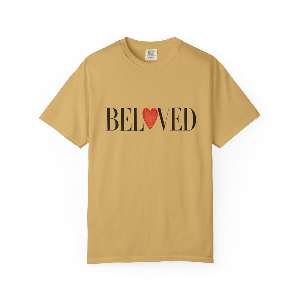 Beige t-shirt with 'BELoved' text and red heart on a white background