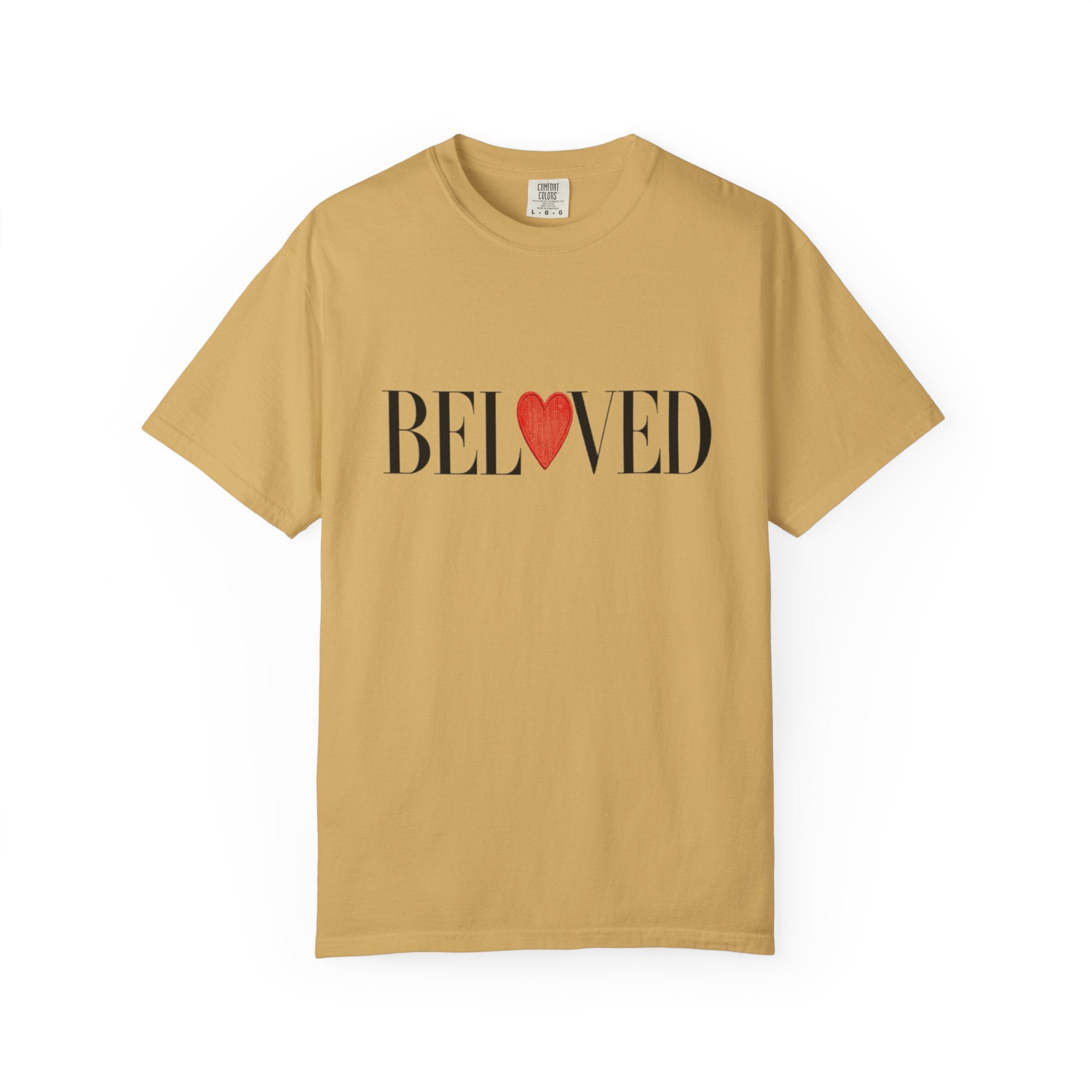 Beige t-shirt with 'BELoved' text and red heart on a white background
