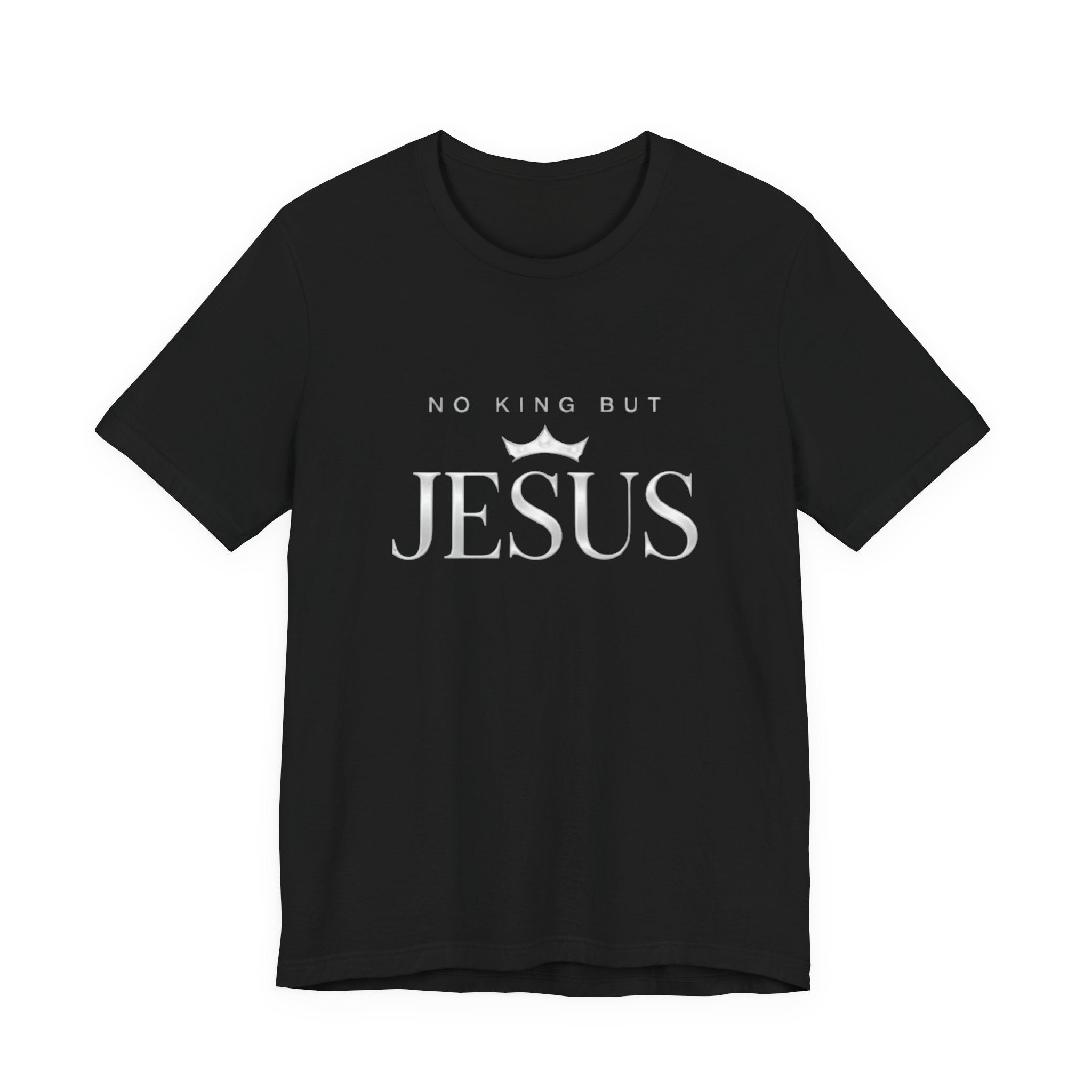 Black t-shirt with 'No King But Jesus' text on a white background