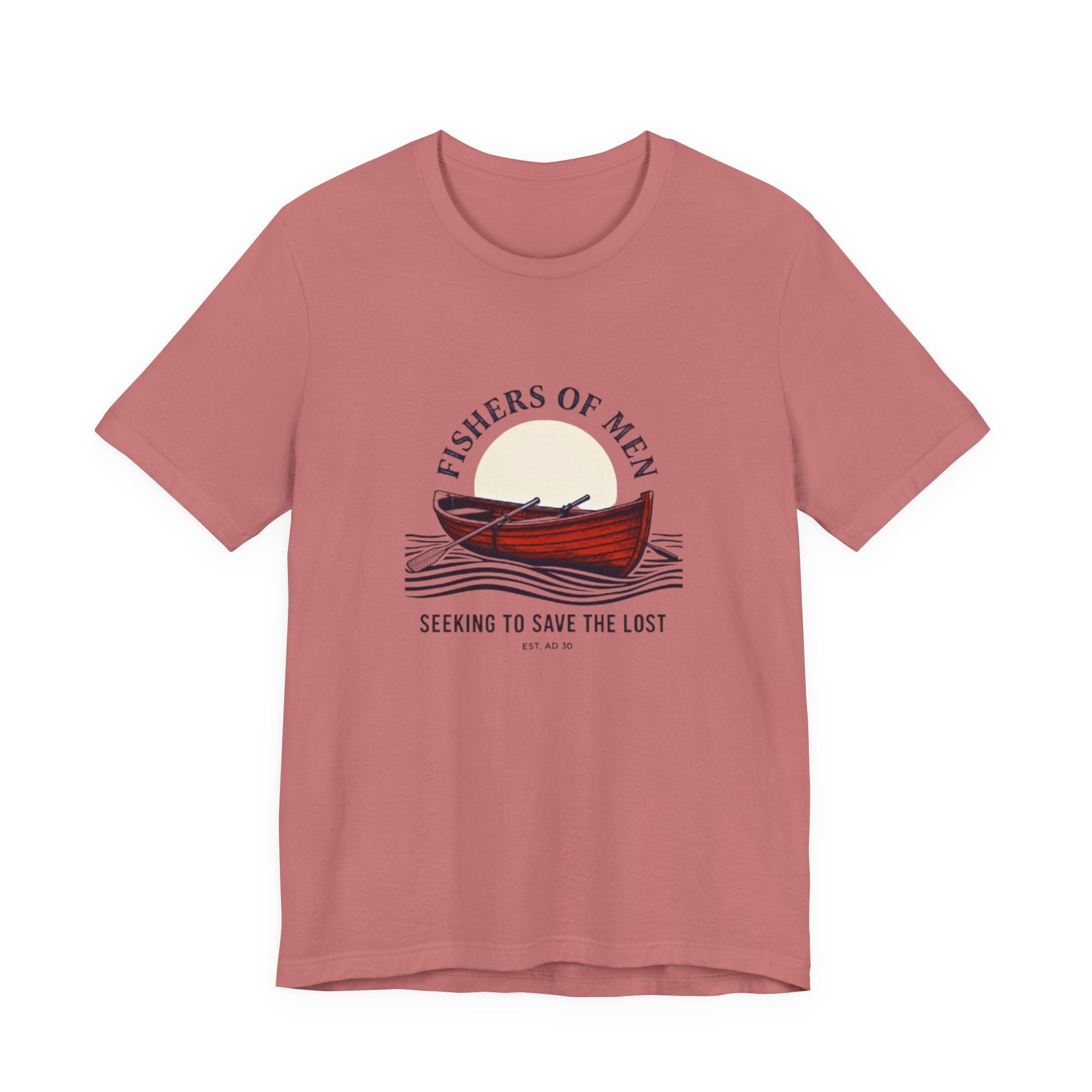 Pink t-shirt with a graphic of a boat and text on a white background