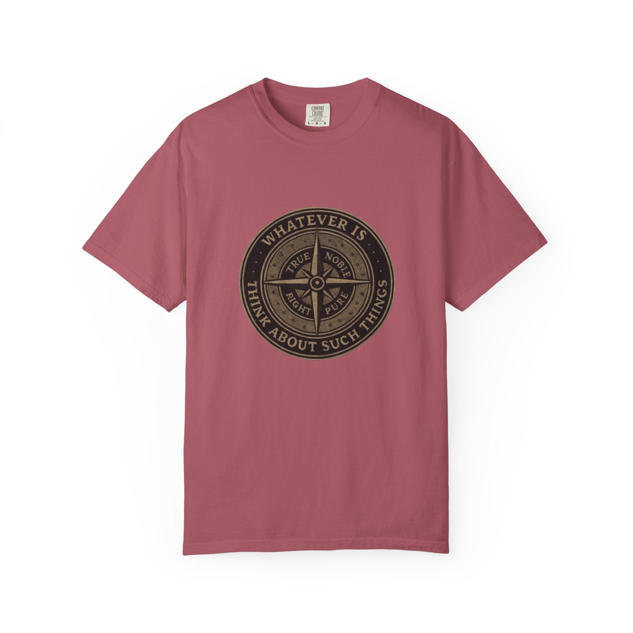 Pink t-shirt with a black circular design and text on a white background