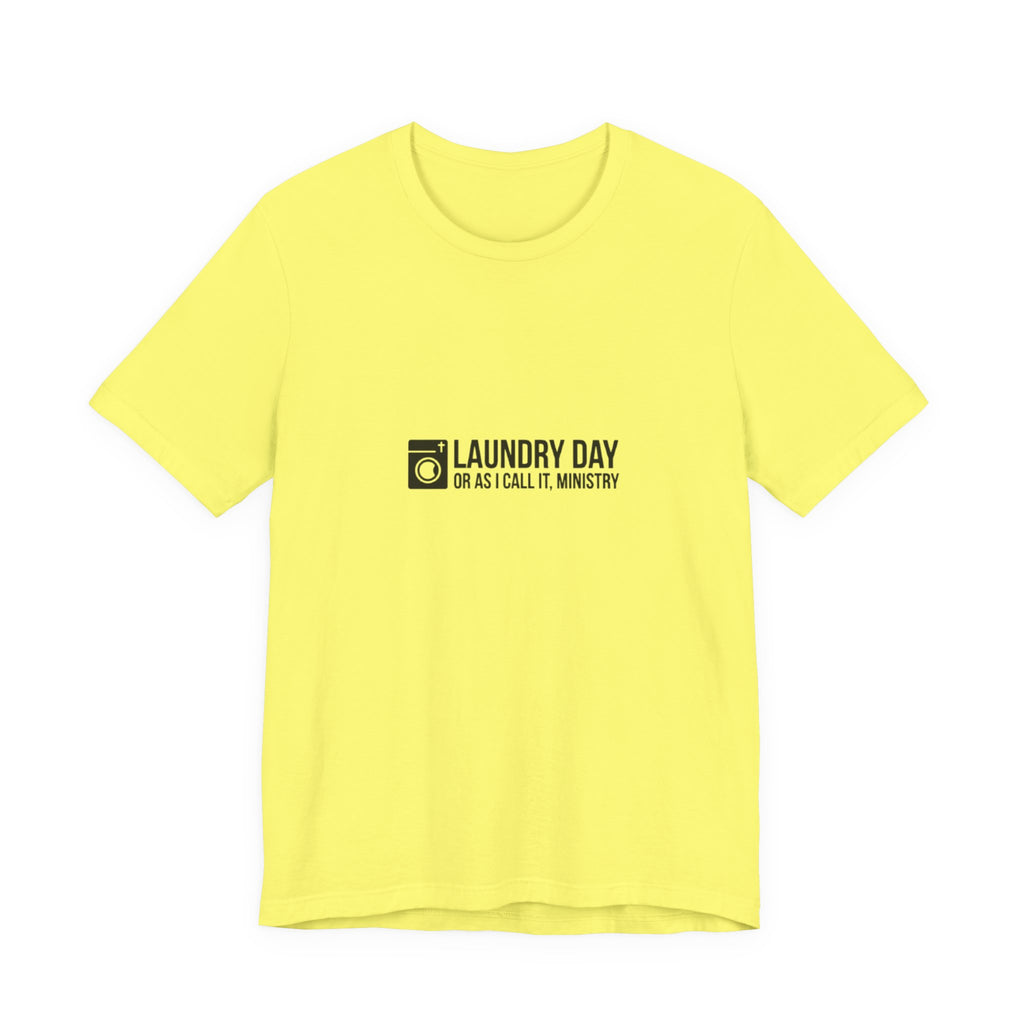 Yellow t-shirt with black text and logo on a white background