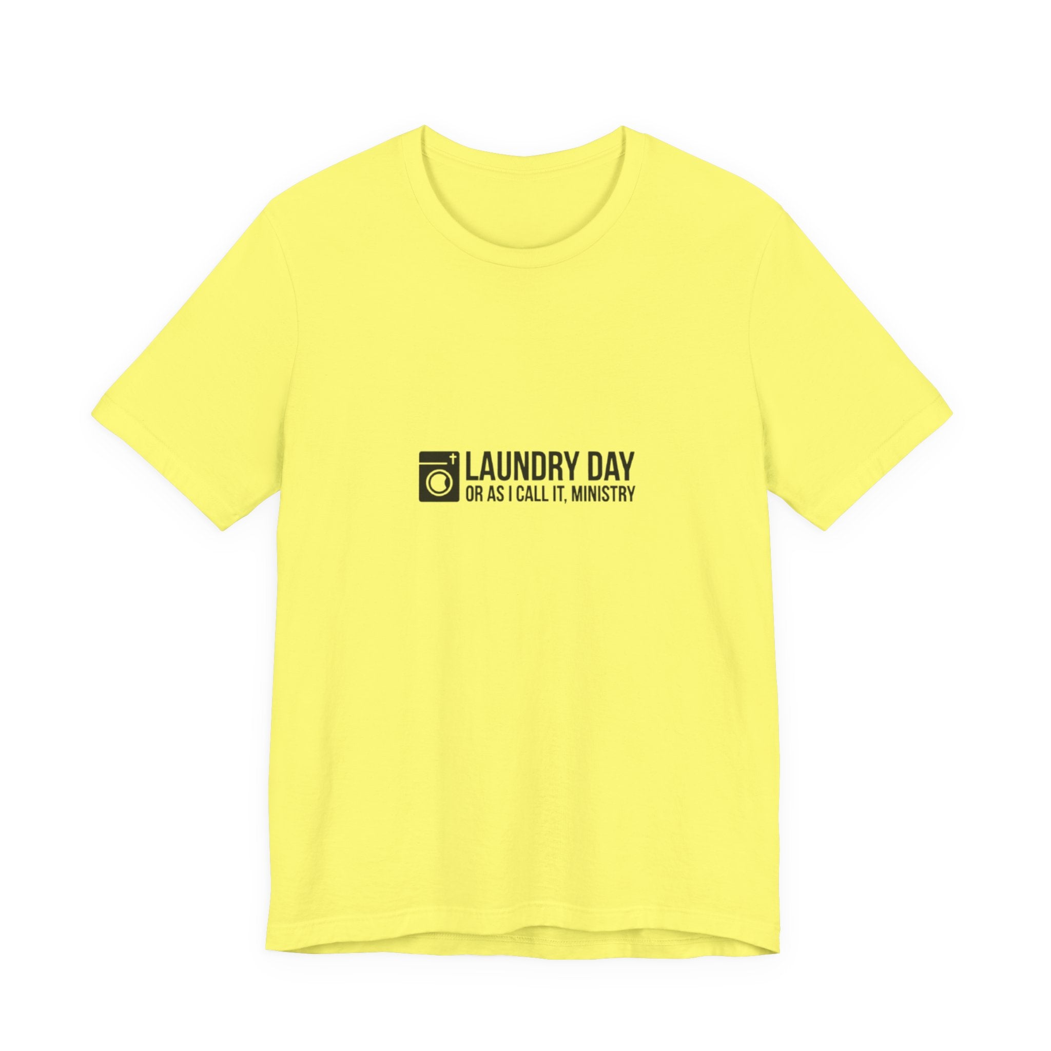 Yellow t-shirt with black text and logo on a white background