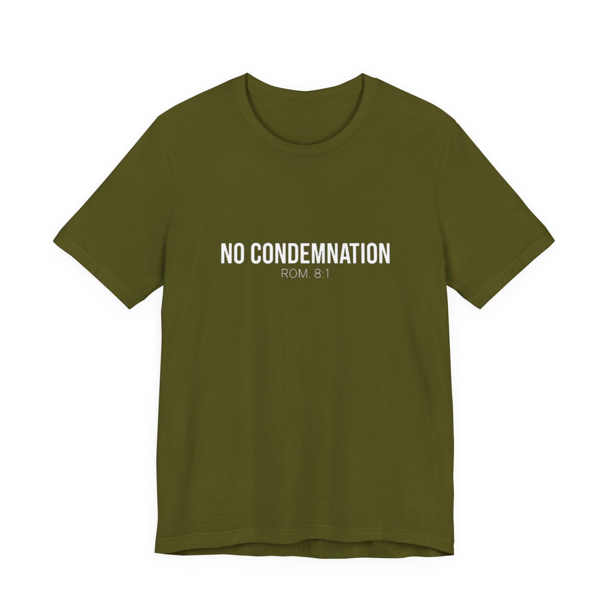 Green t-shirt with 'NO CONDEMNATION ROM 8:1' text on a white background