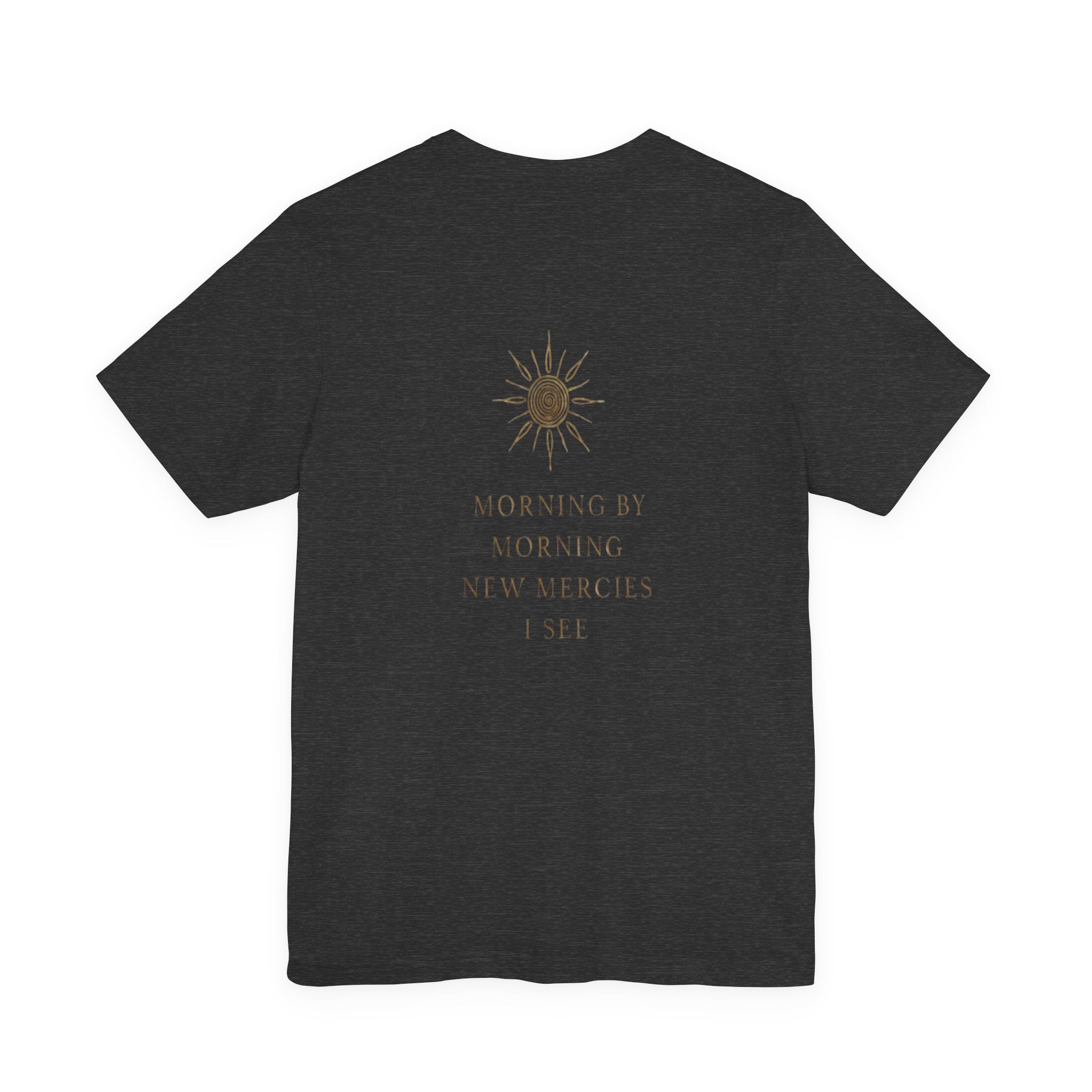 Black t-shirt with a sun design and text on the back against a white background