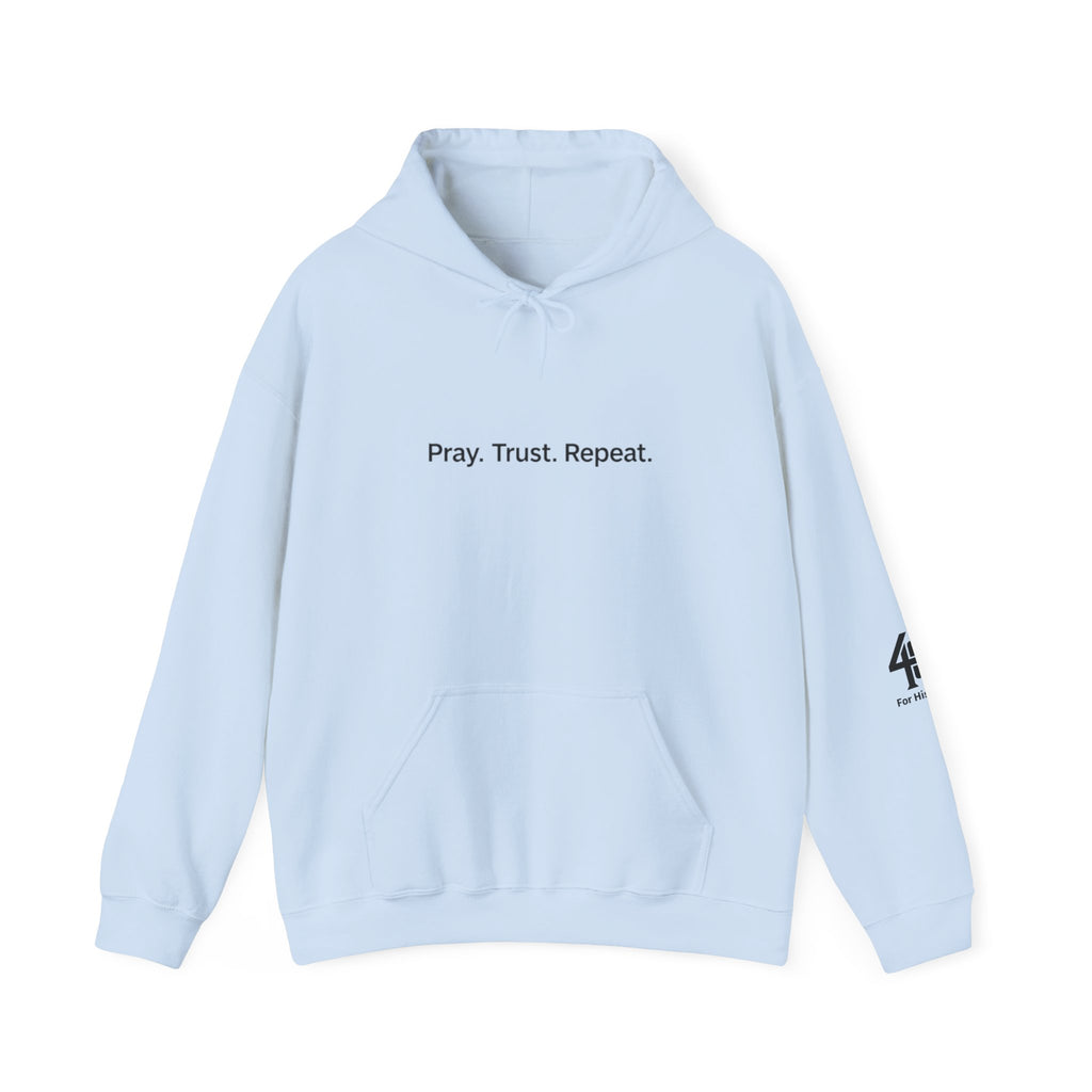 Light blue hoodie with text and logo on a white background