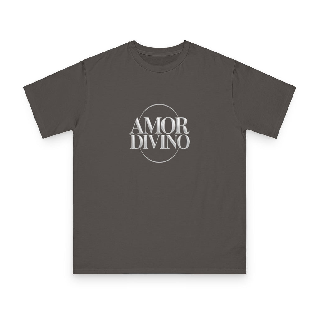 Dark gray t-shirt with 'AMOR DIVINO' text on a white background