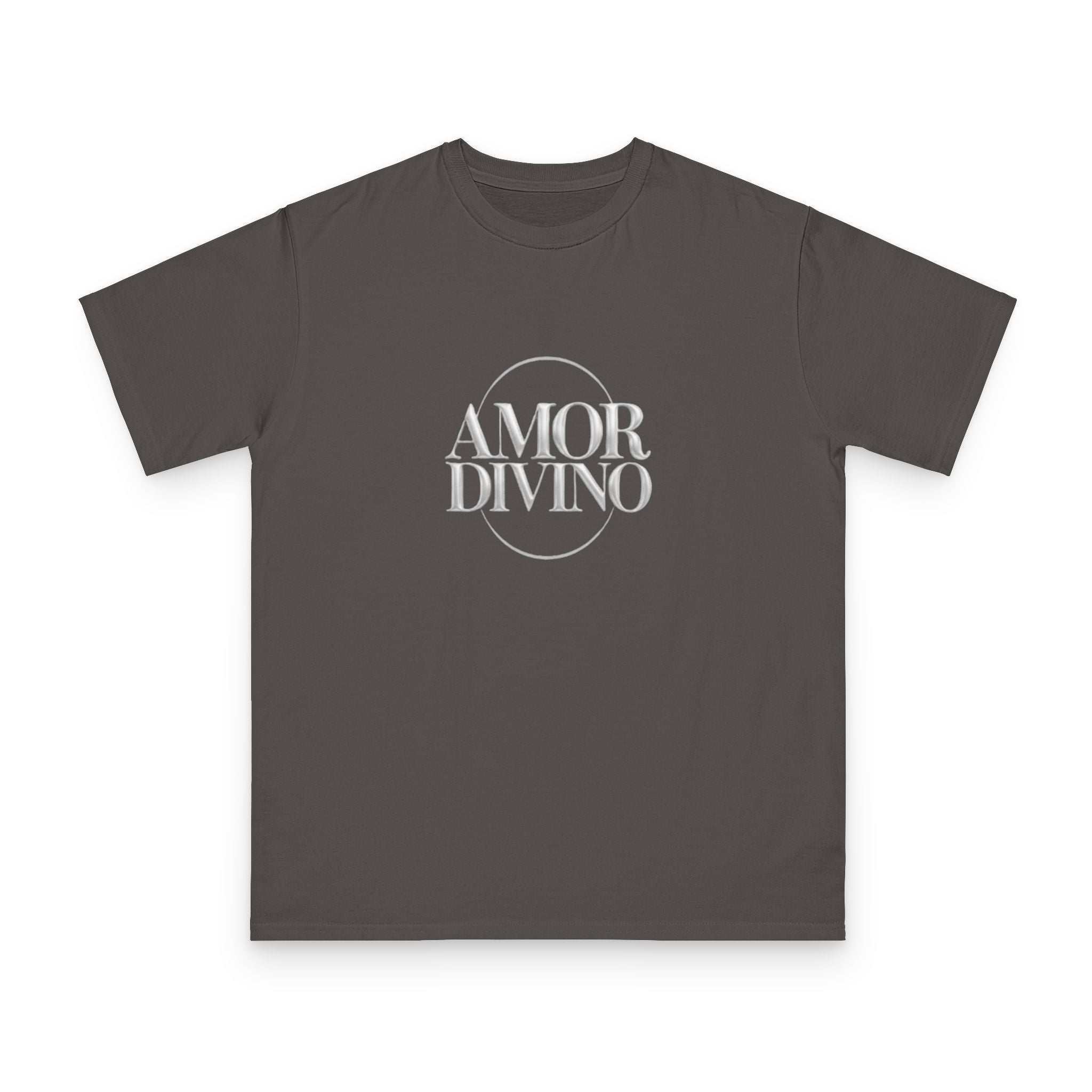 Dark gray t-shirt with 'AMOR DIVINO' text on a white background