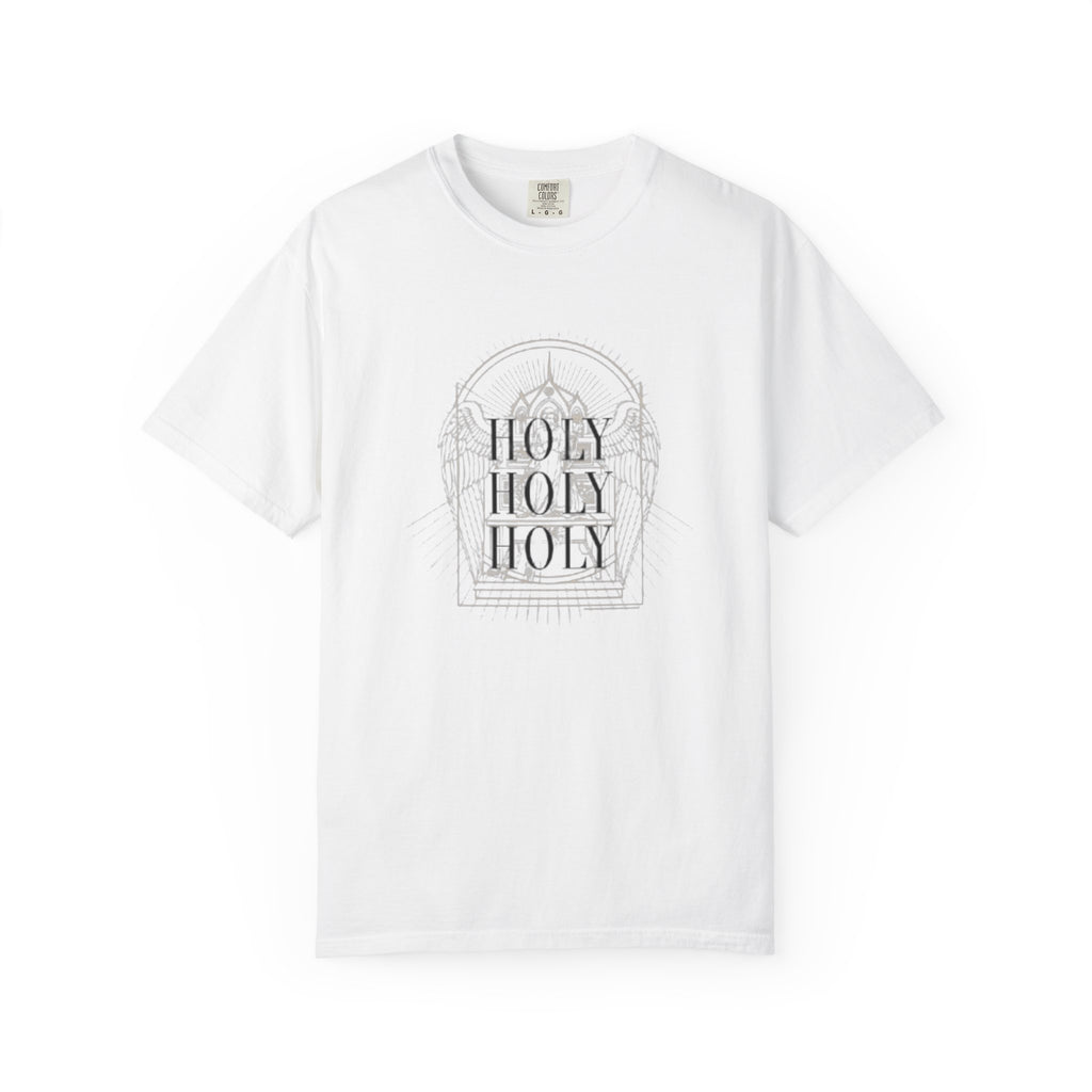 Holy Holy Holy Gothic Stained-Glass Faith Tee in White — front view showing Isaiah 6:3 gothic stained-glass design, Christian tee by 4HG