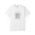 Holy Holy Holy Gothic Stained-Glass Faith Tee in White — front view showing Isaiah 6:3 gothic stained-glass design, Christian tee by 4HG
