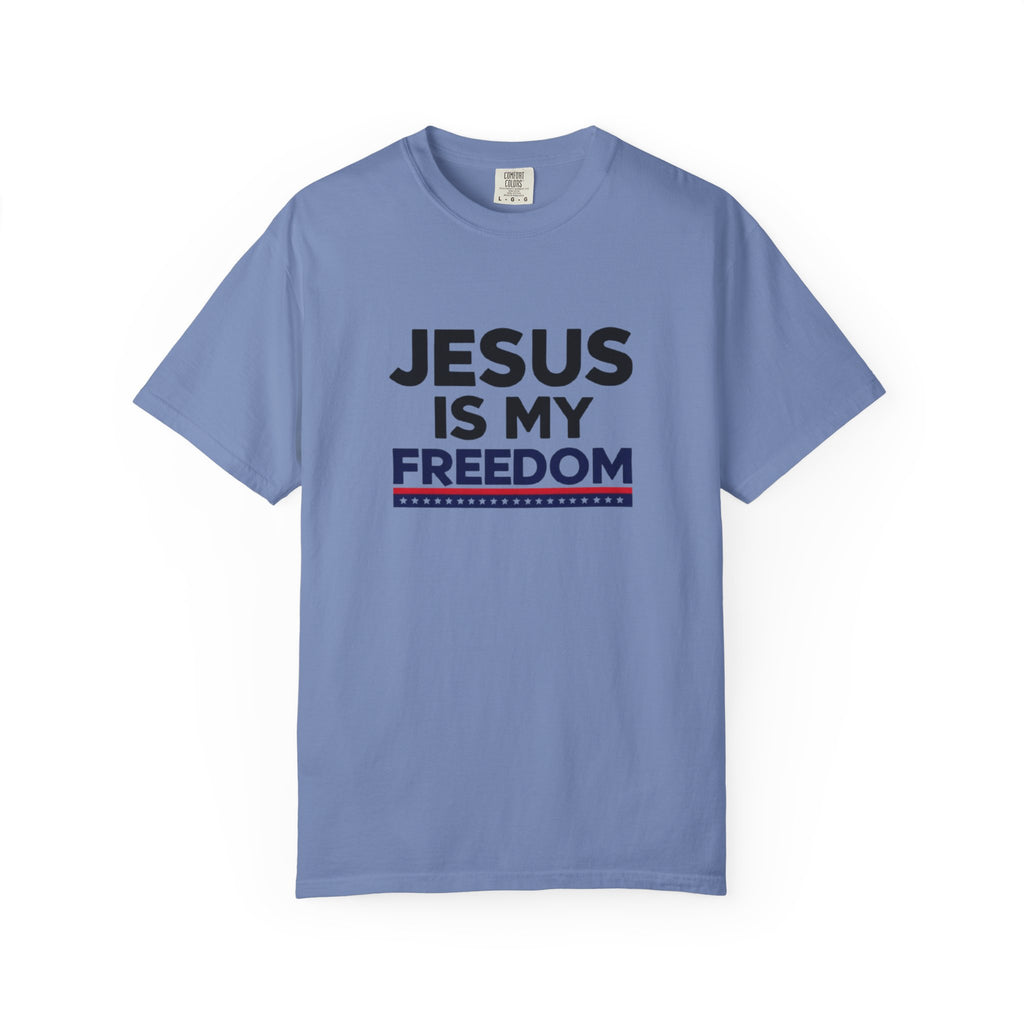 Blue t-shirt with 'Jesus is my freedom' text on a white background