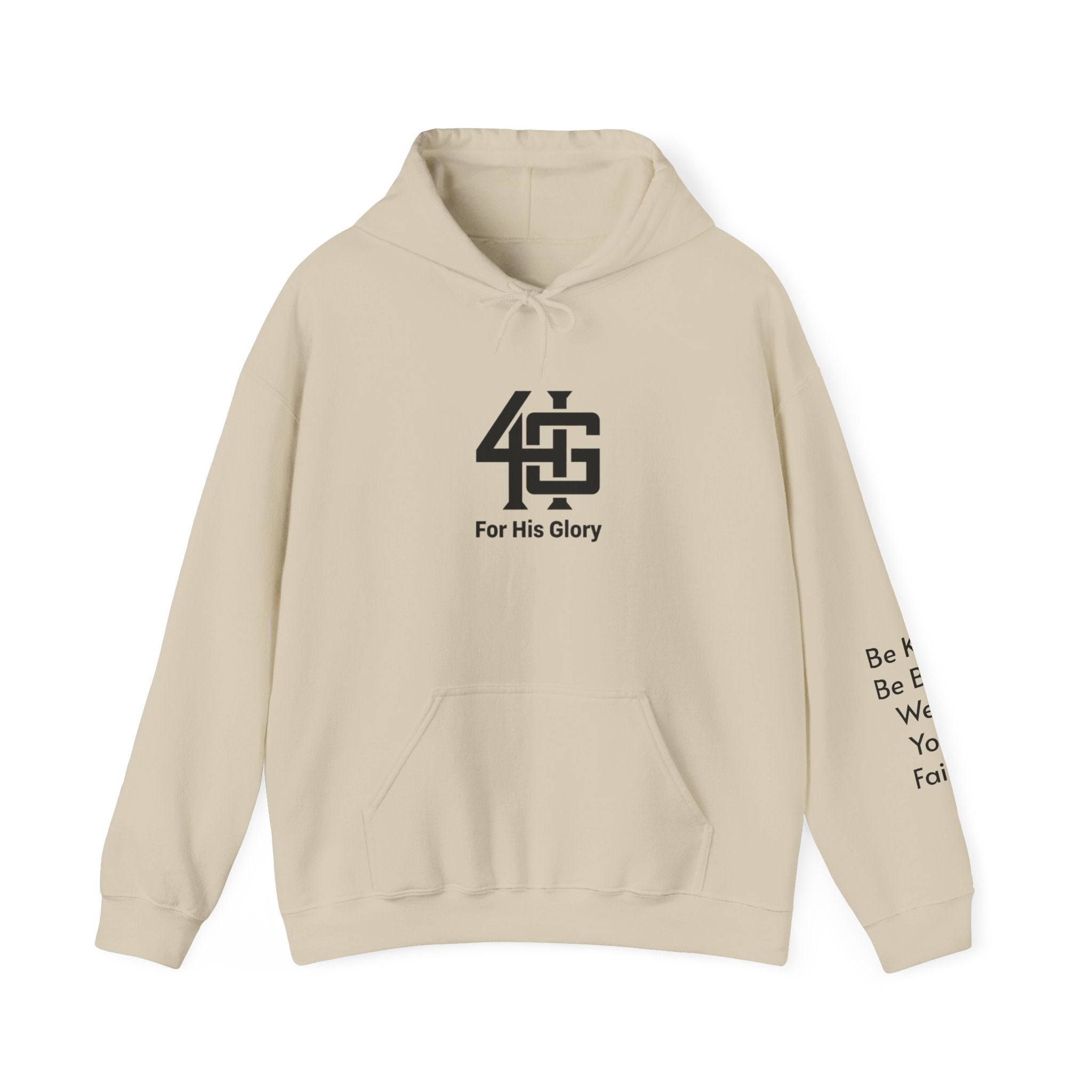 Beige hoodie with black logo and text on a white background