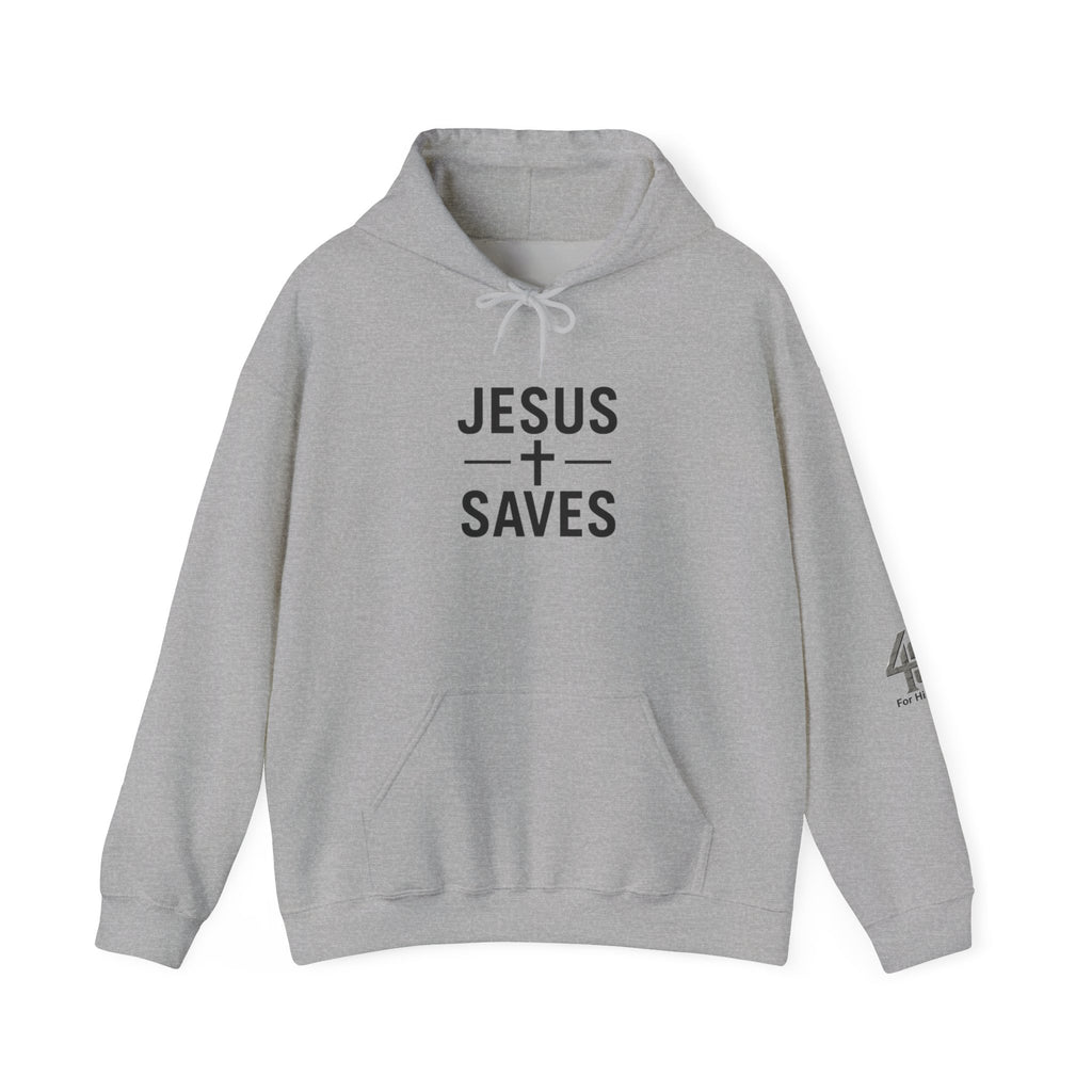 Gray hoodie with 'Jesus Saves' text on a white background