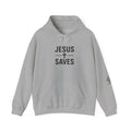 Gray hoodie with 'Jesus Saves' text on a white background