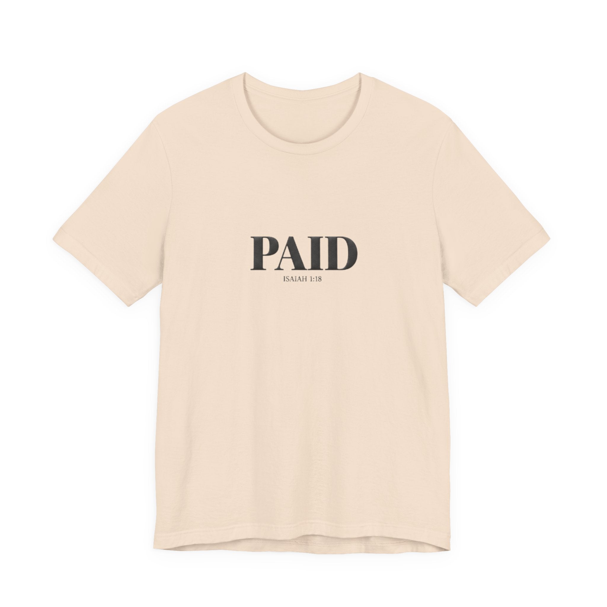 Beige t-shirt with 'PAID' text on a white background
