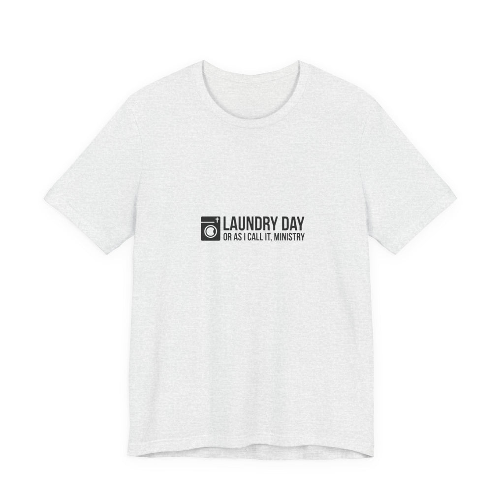 White t-shirt with black text and logo on a white background