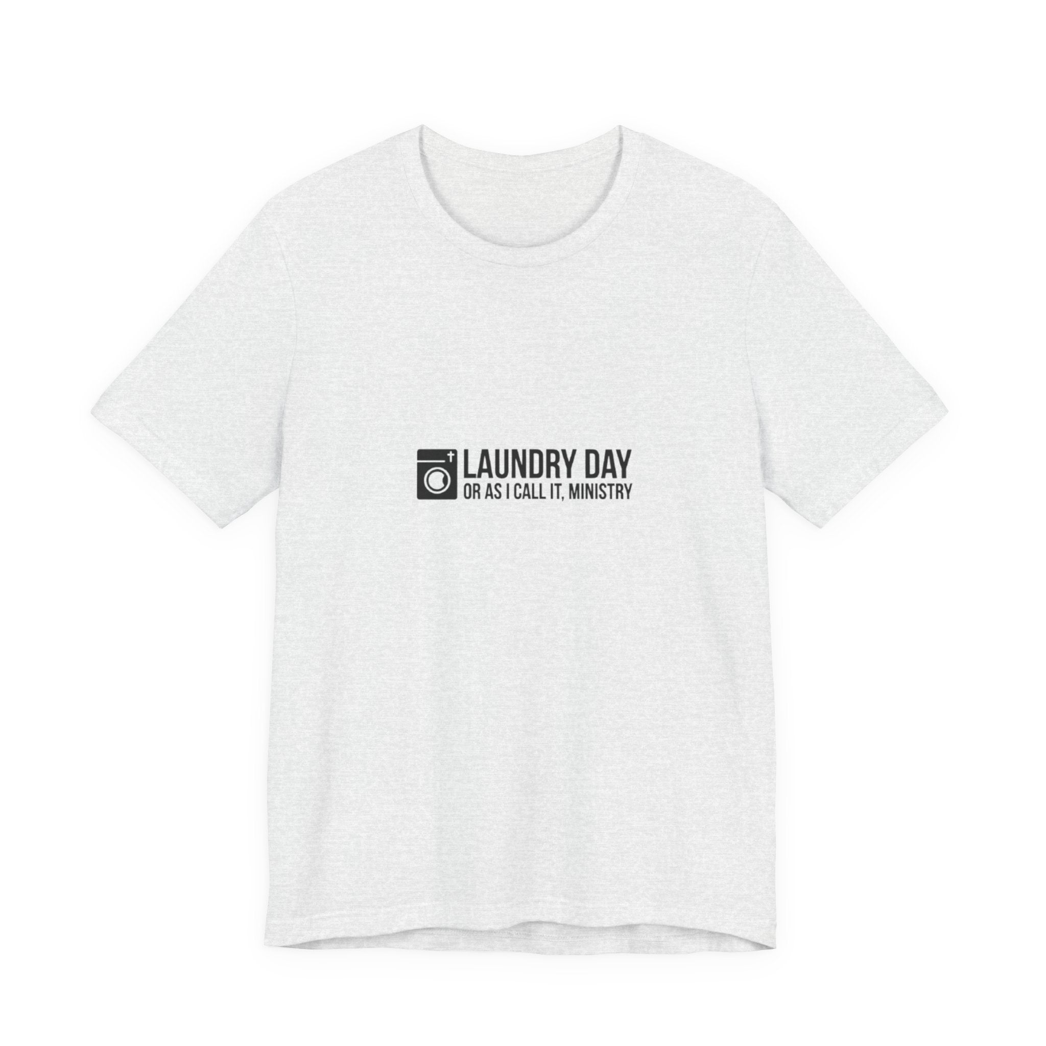 White t-shirt with black text and logo on a white background
