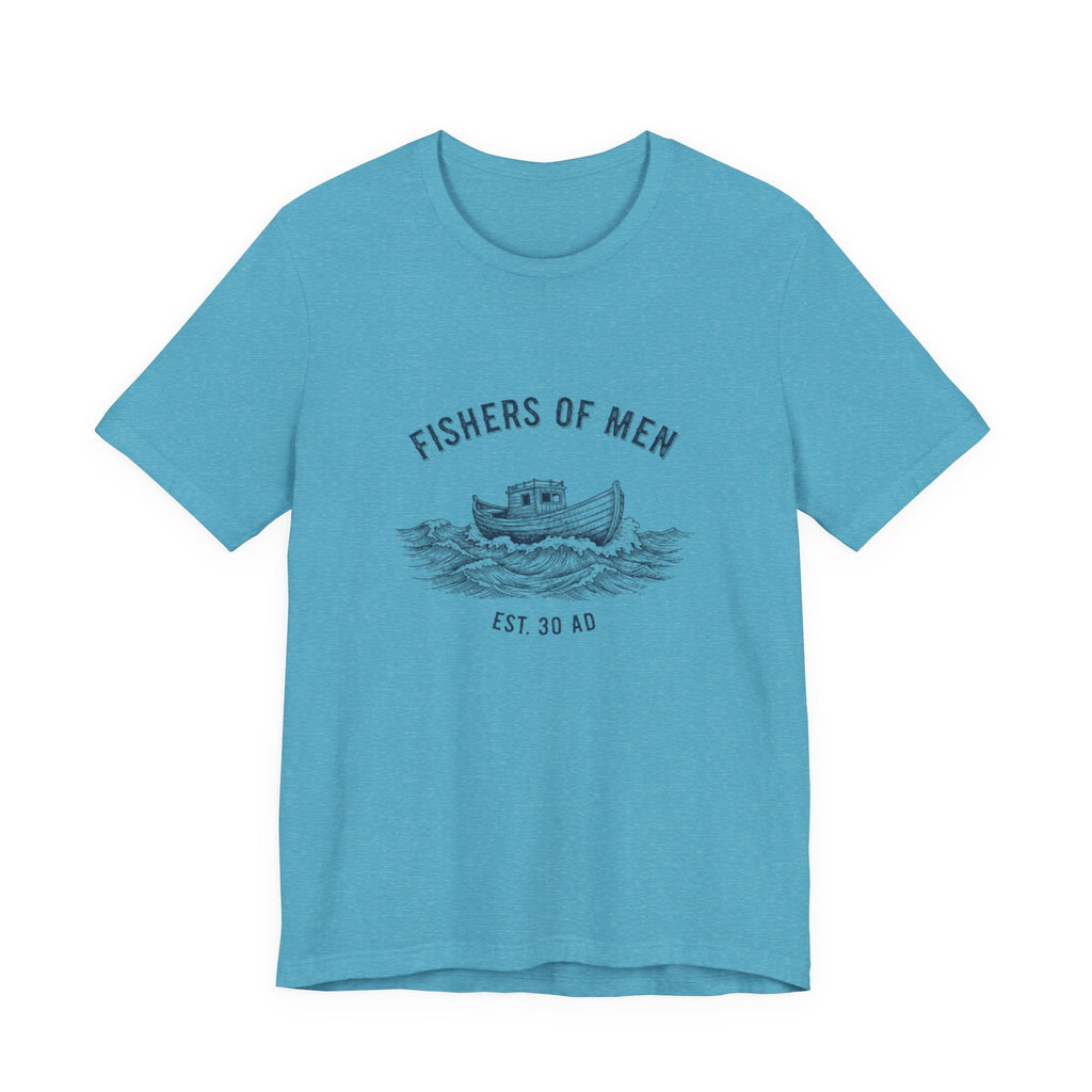 Blue t-shirt with 'Fishers of Men' graphic design on a white background