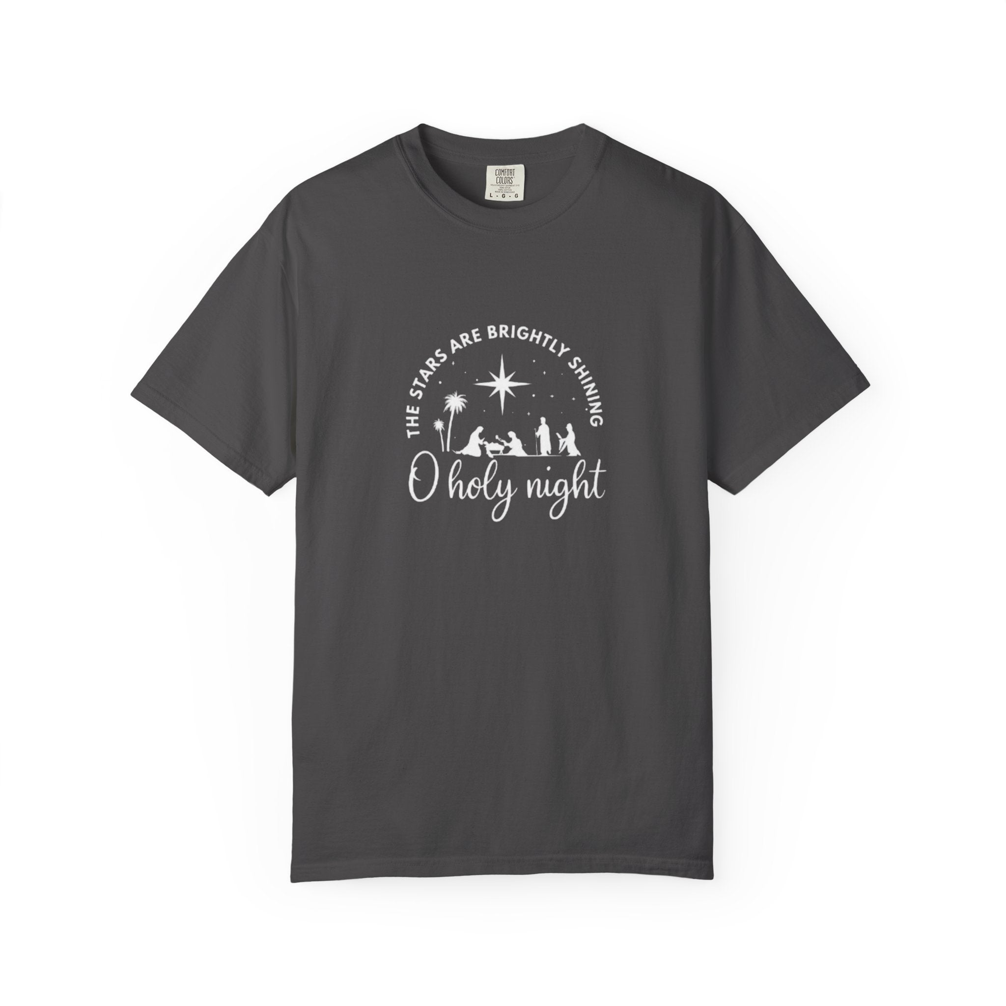 Dark gray t-shirt with Christmas design and text on a white background