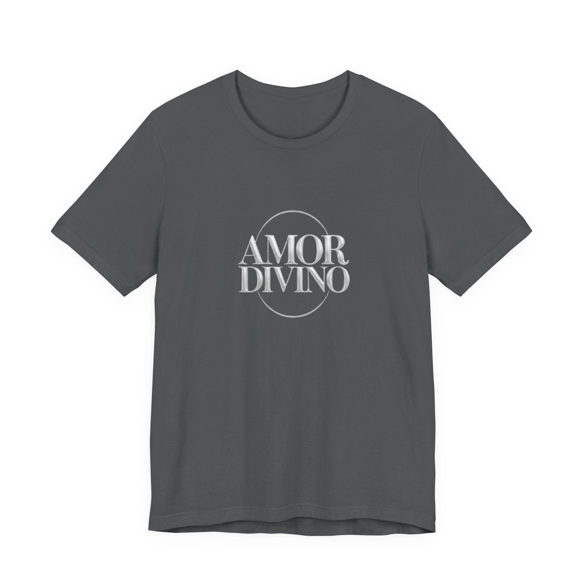 Gray t-shirt with 'AMOR DIVINO' text on a white background