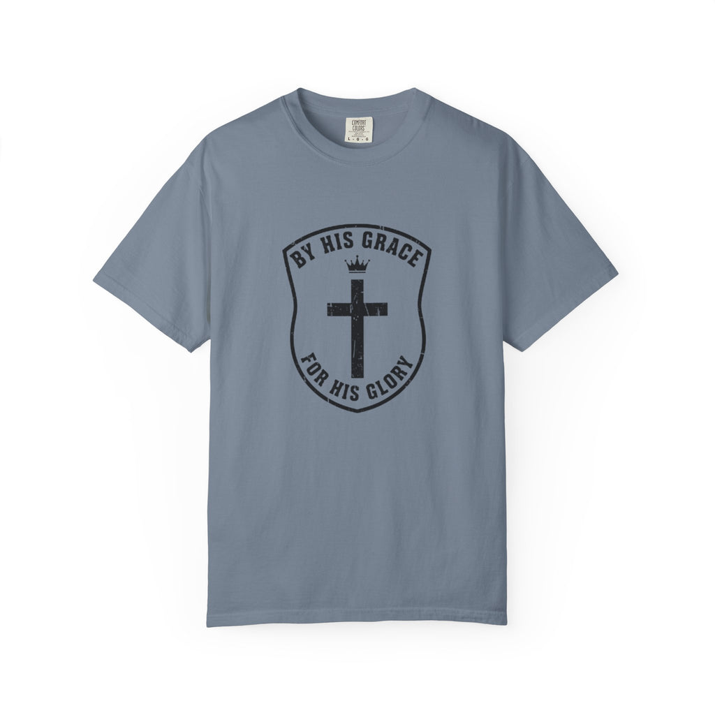 Gray t-shirt with black cross design and text on a white background