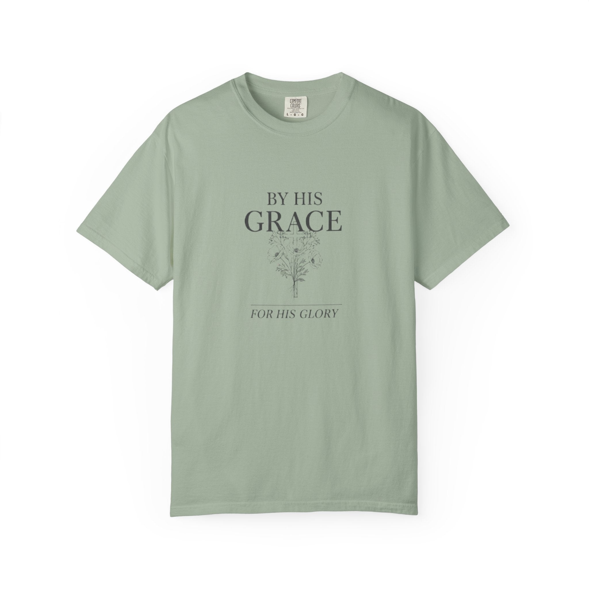 Green t-shirt with 'By His Grace, For His Glory' text on a white background