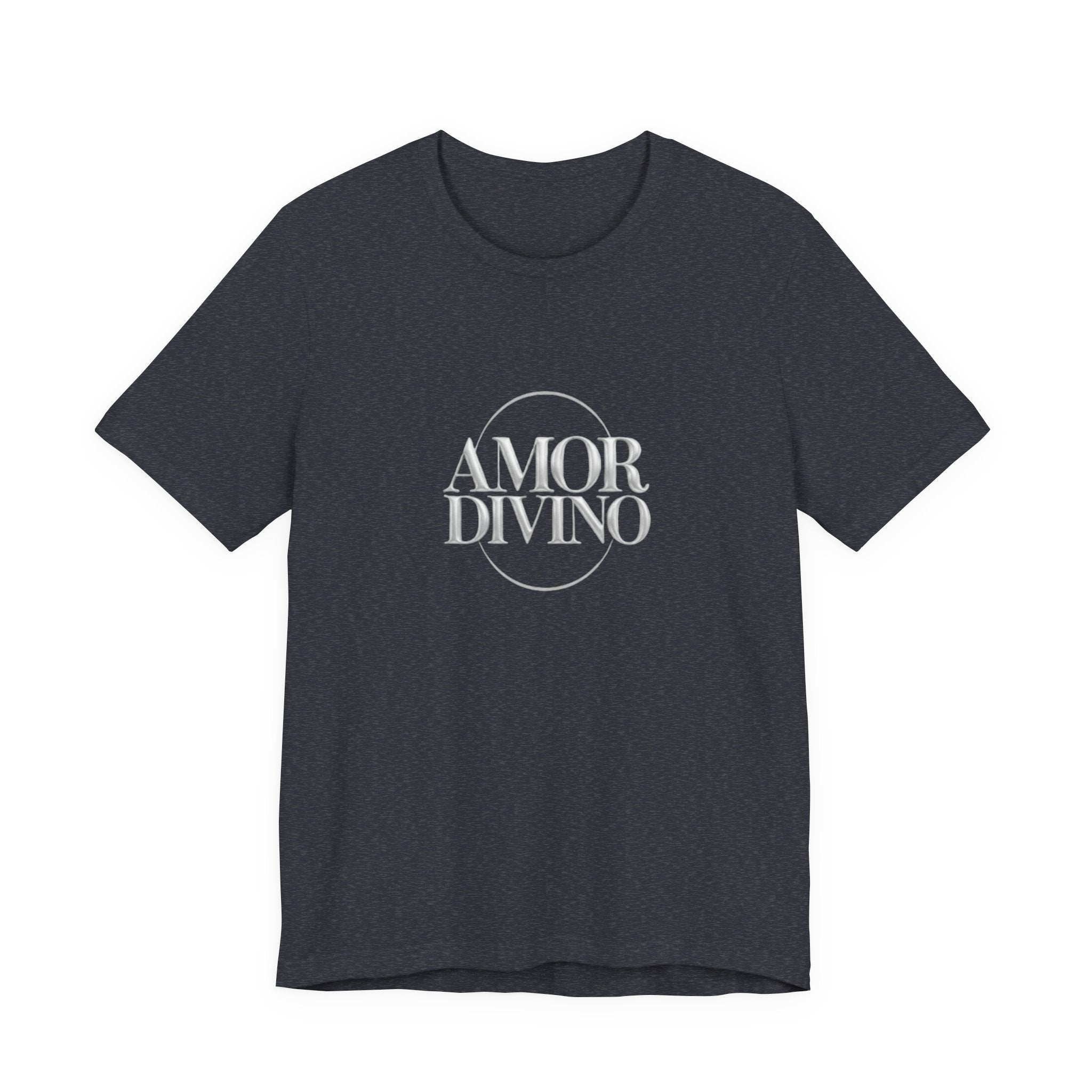 Black t-shirt with 'AMOR DIVINO' text on a white background