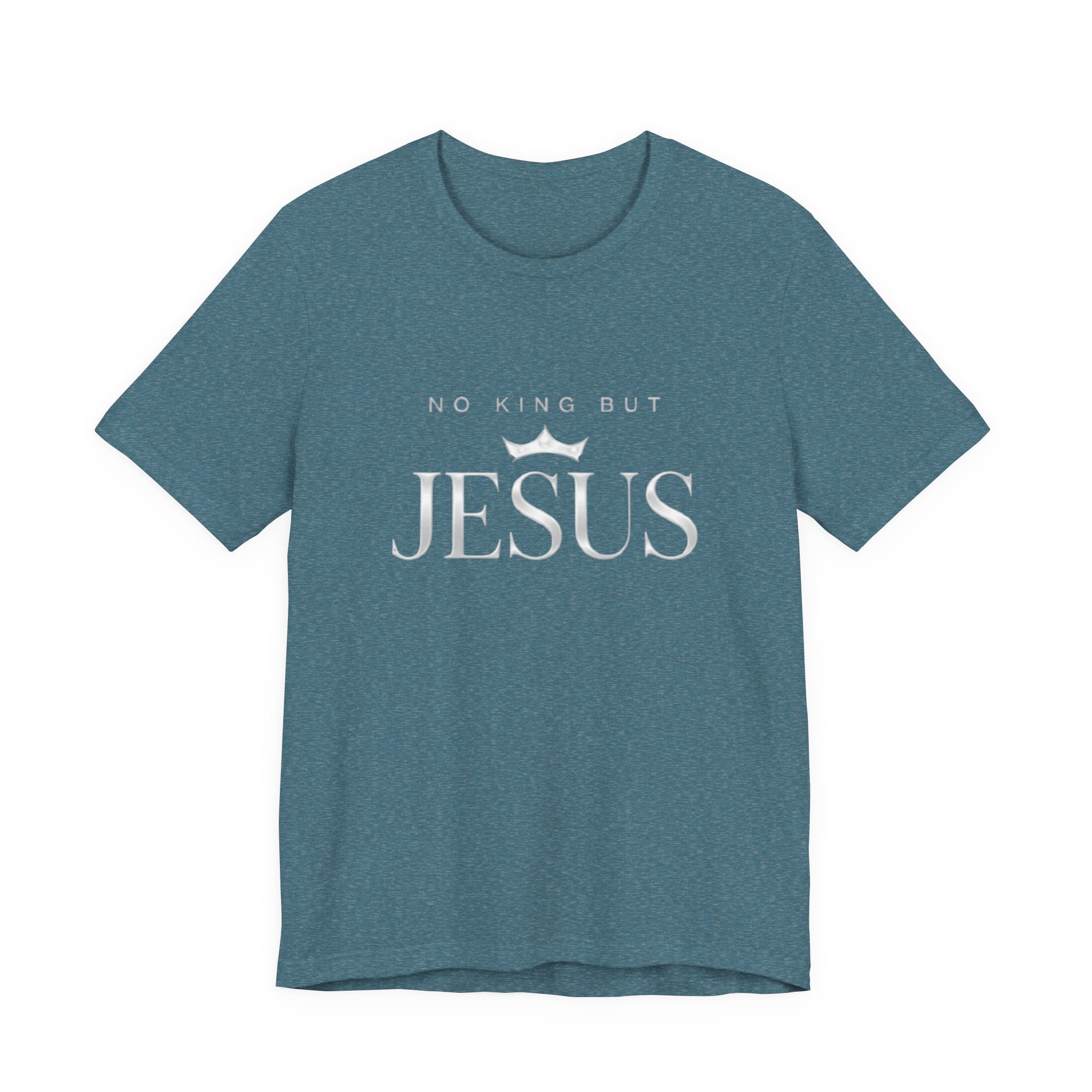 Blue t-shirt with 'No King But Jesus' text on a white background