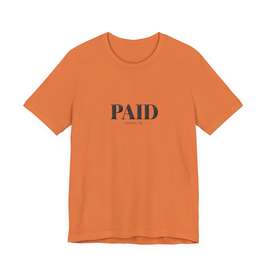 Orange t-shirt with 'PAID' text on a white background