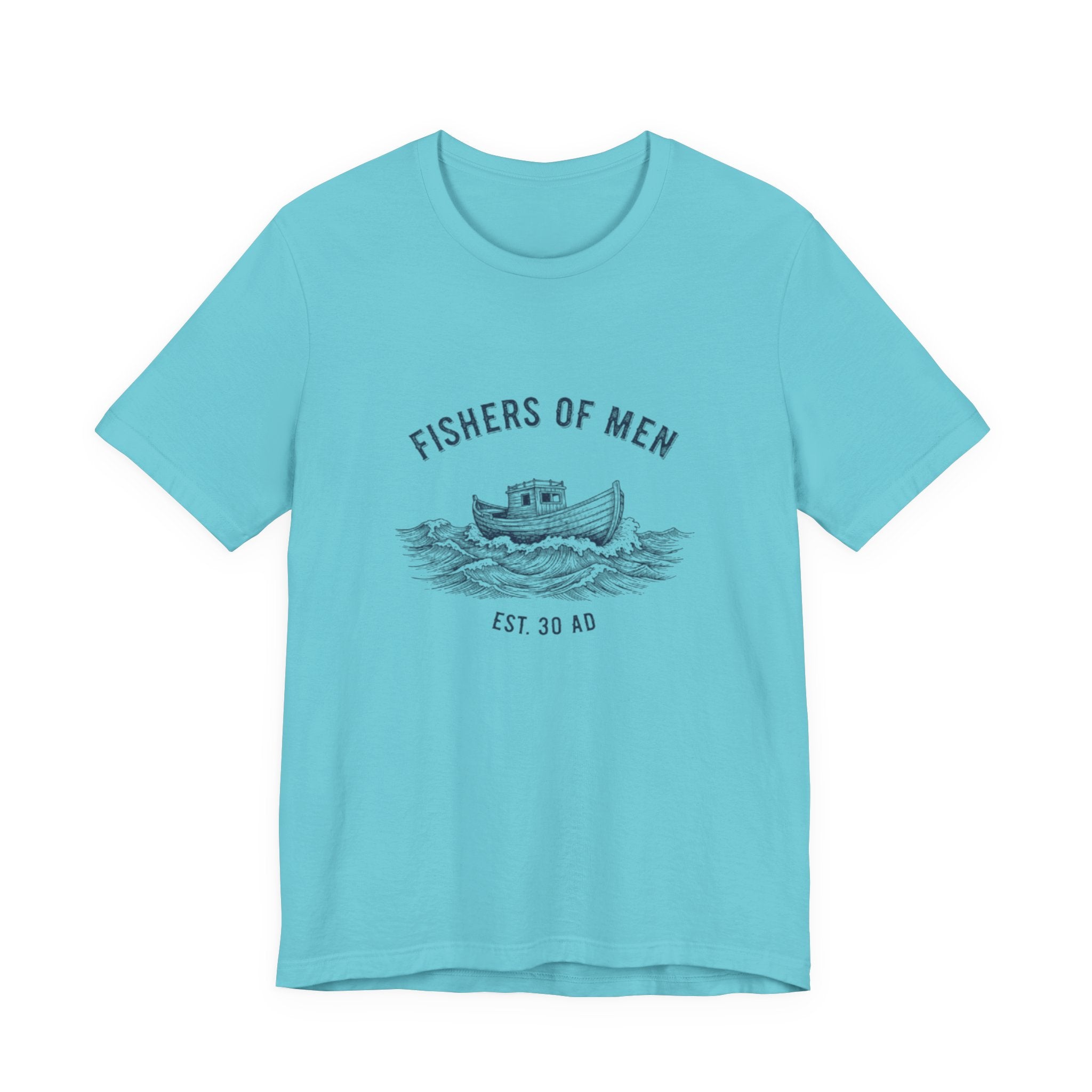 Light blue t-shirt with 'Fishers of Men' graphic design on a white background