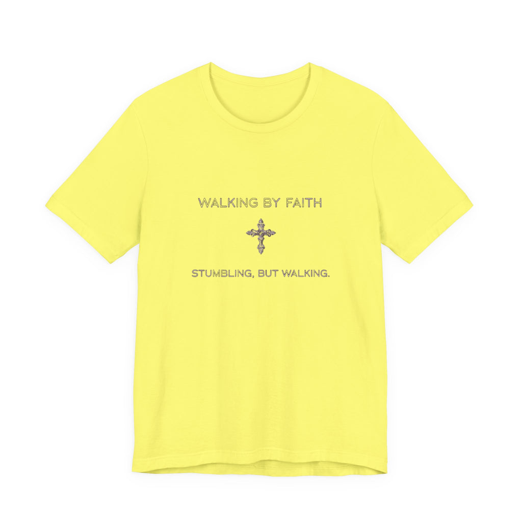 Yellow t-shirt with text and cross design on a white background