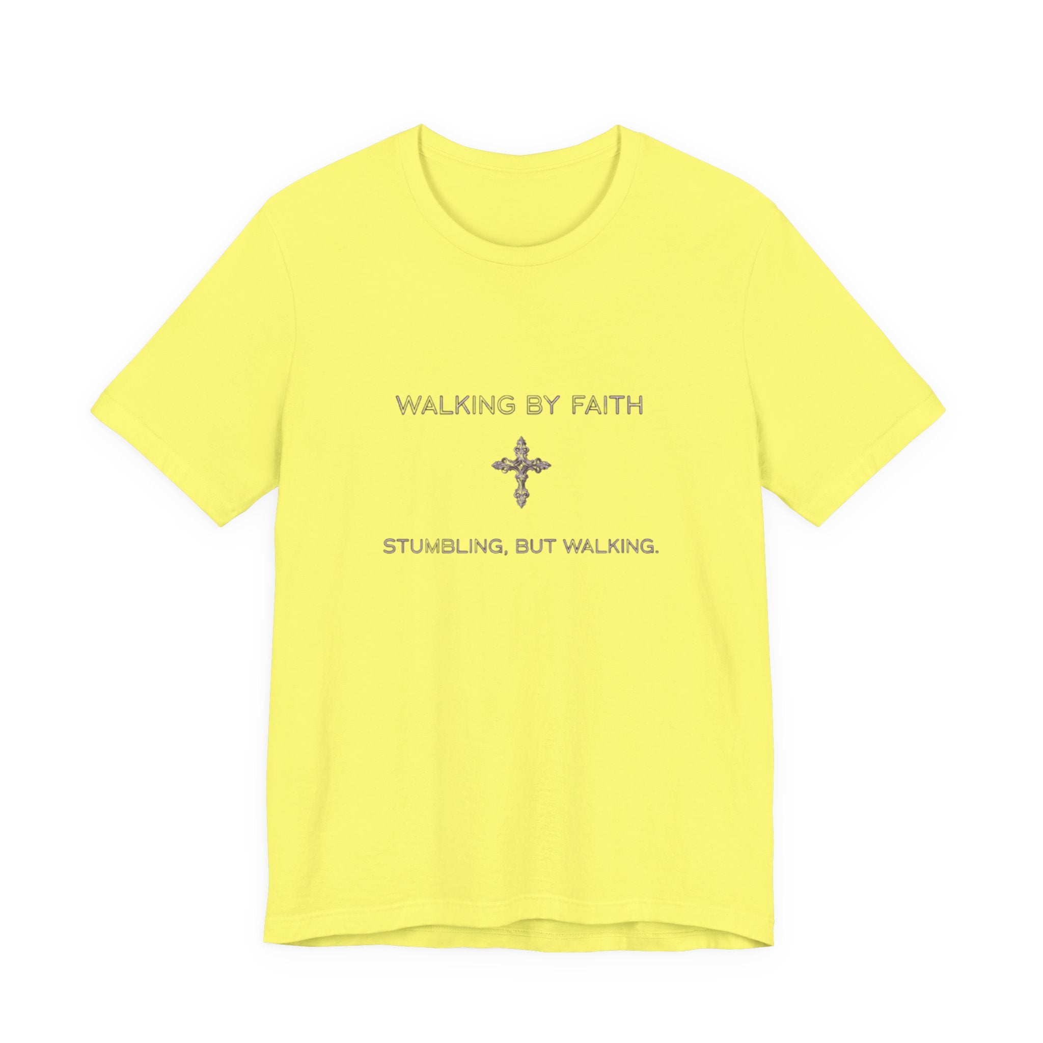 Yellow t-shirt with text and cross design on a white background
