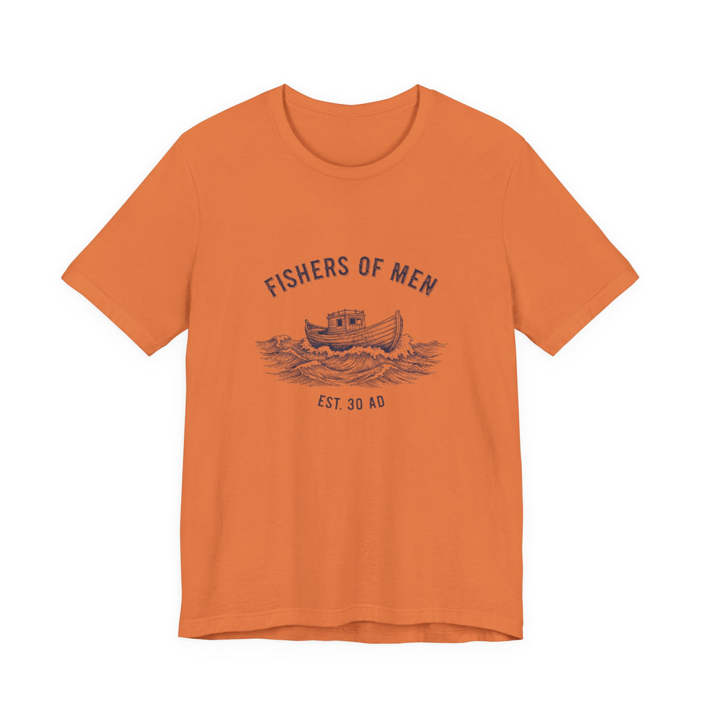 Orange t-shirt with 'Fishers of Men' graphic design on a white background