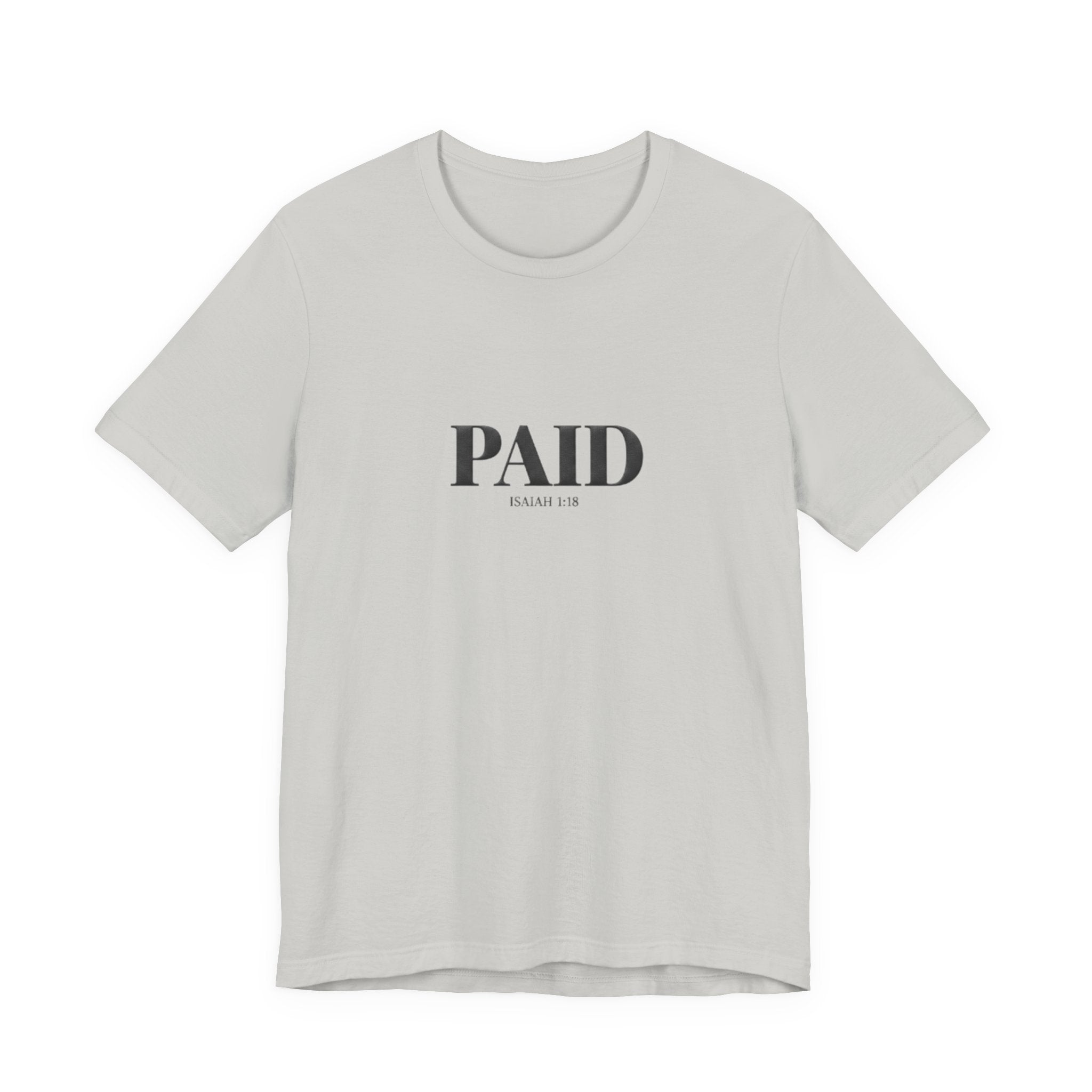 Gray t-shirt with 'PAID' text on a white background