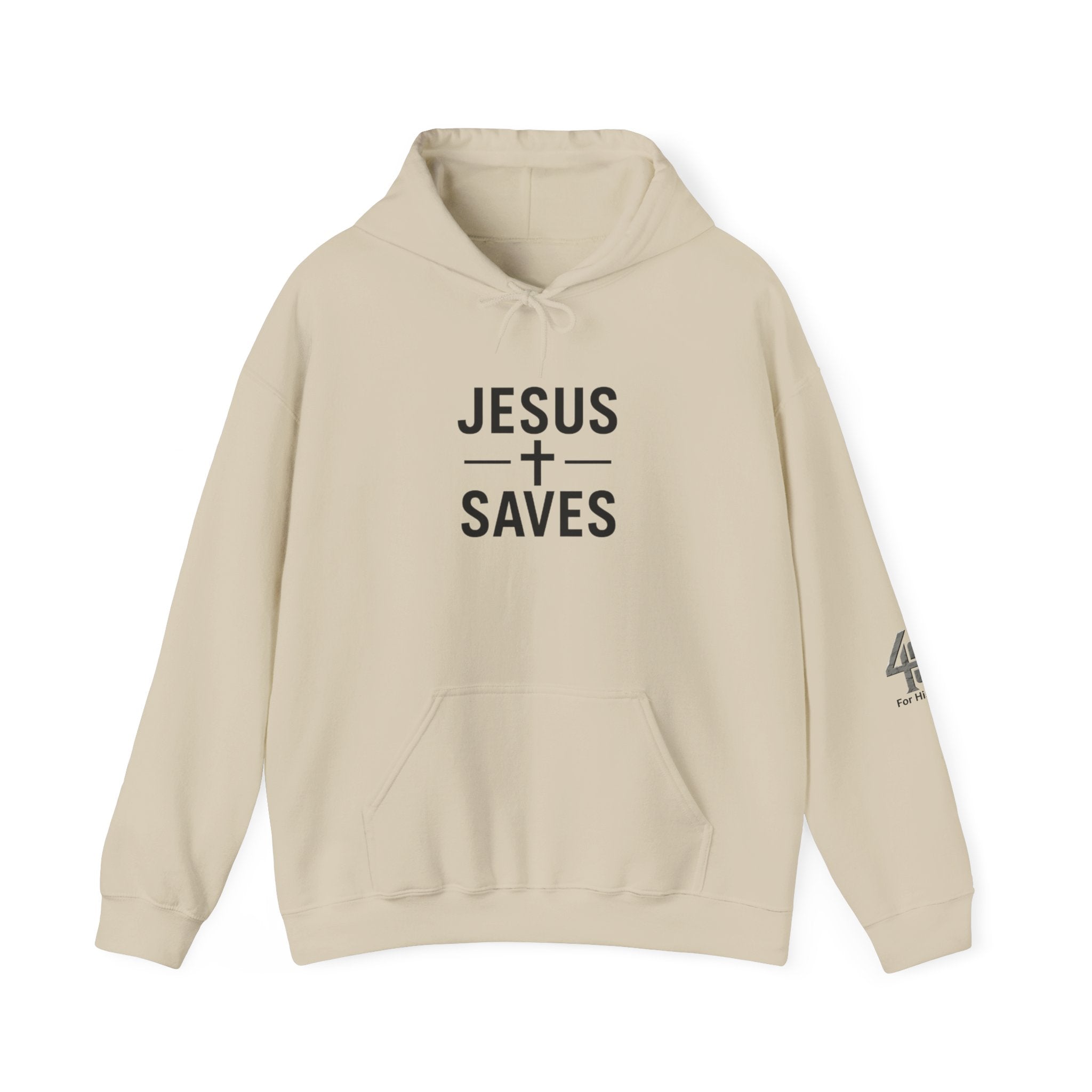 Beige hoodie with 'Jesus Saves' text on a white background